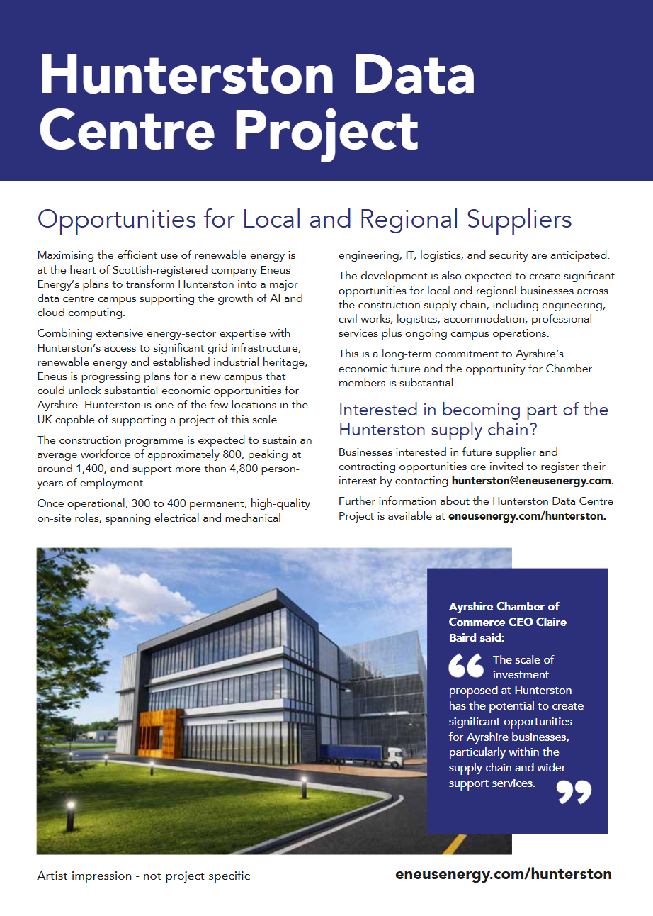 Hunterston Data Centre advertisement highlighting local supplier opportunities, published in Your Business, Autumn 2026, page 15.