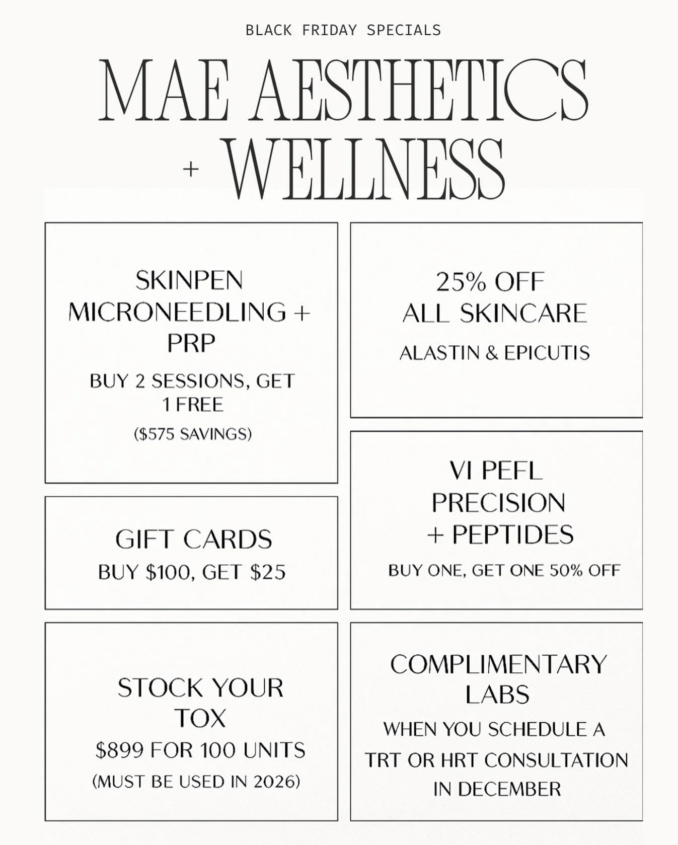 ✨ BLACK FRIDAY AT MAE ✨
A limited collection of our most exclusive offers - available for ONE WEEK ONLY (Nov 28-Dec 5). 

Perfect for stocking up, gifting, or planning your 2026 glow. Purchase now and use any time in the next year.

TO CLAIM:
📩 Send