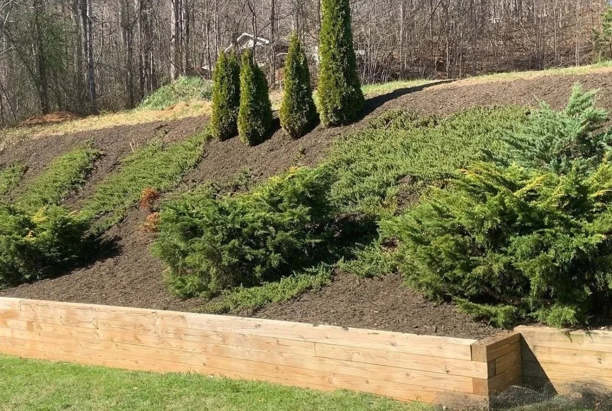 Timber retaining wall stabilizing landscaped slope on mountain property in Western North Carolina
