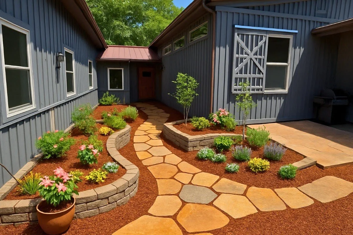 Flagstone walkway and stone retaining wall landscape installation in Biltmore, North Carolina.
