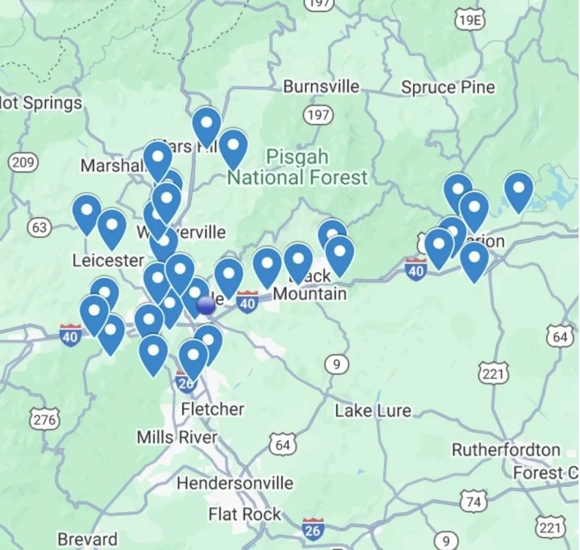Service area map showing the landscaping and hardscaping locations of Greenspan Landscaping serves across Black Mountain, Asheville, Marion, Swannanoa, Fairview, Montreat, and Western North Carolina