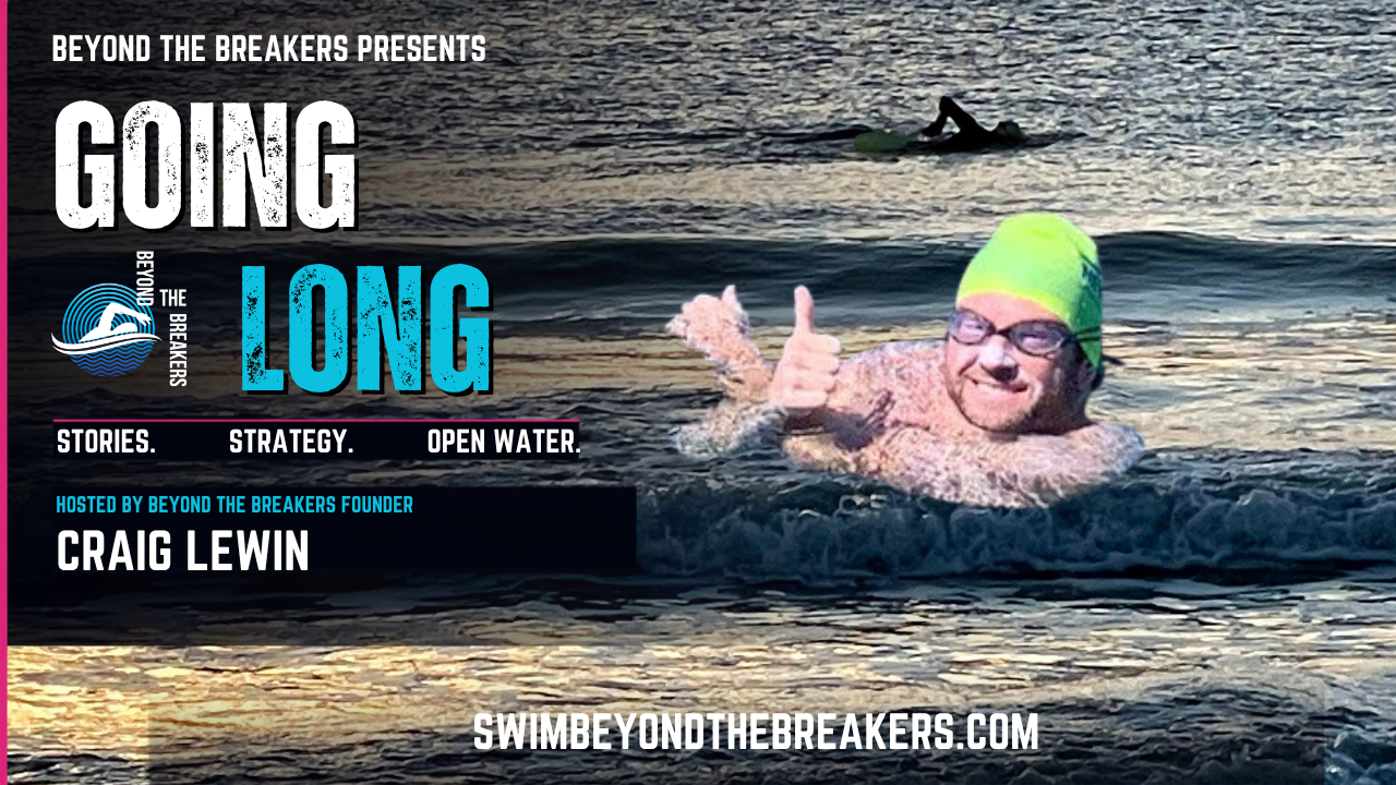 Craig Lewin swimming in open water wearing a yellow cap and glasses, giving a thumbs-up. In the background, a person is surfing on a green surfboard in the ocean at sunset advertising for the youtube  series named Going Long.