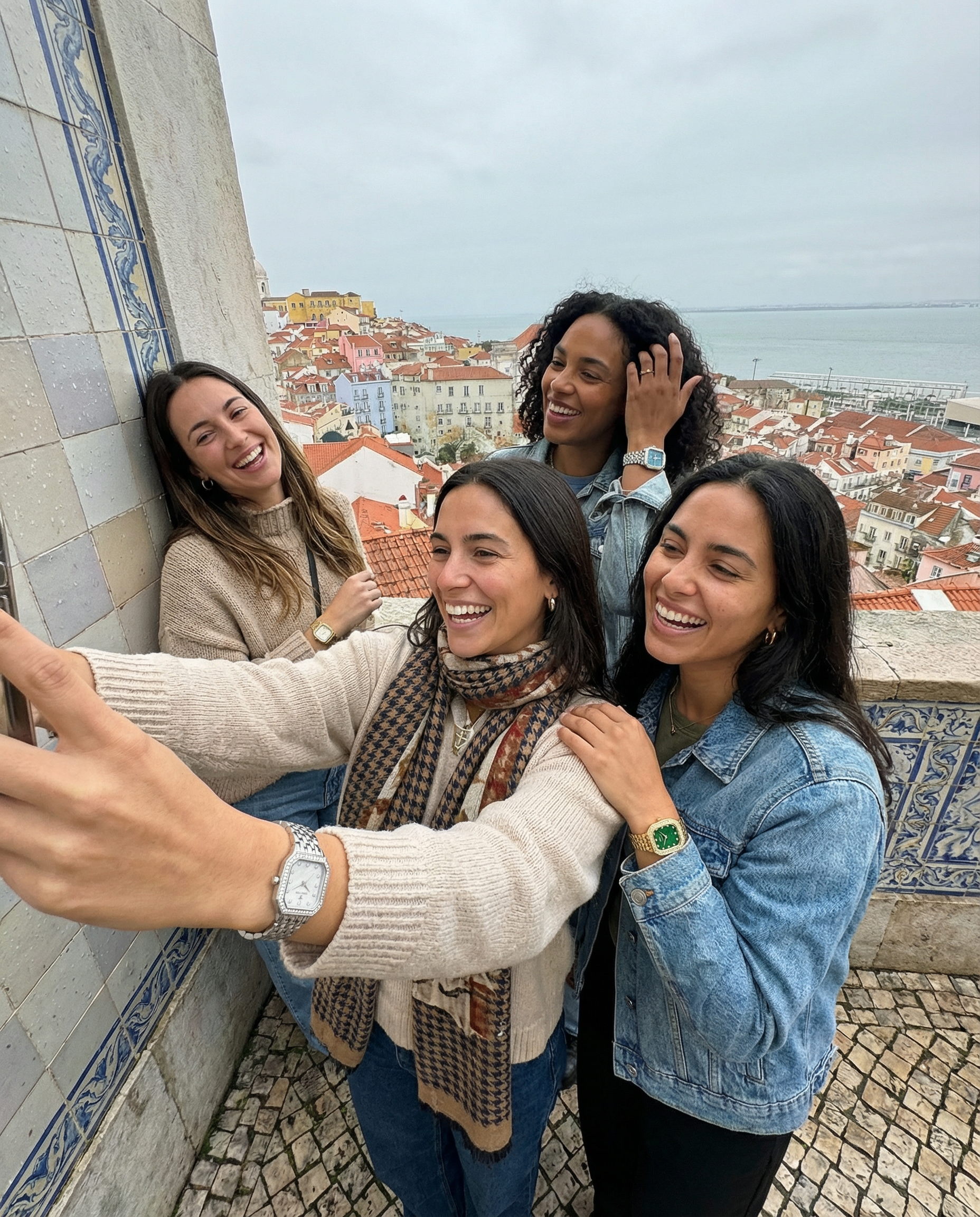 S17104L - showing the wrist in unique poses using lisbon city as a background. a group of female frends of diverse background and size. Only 1 watch per wrist but you choose between 1.png