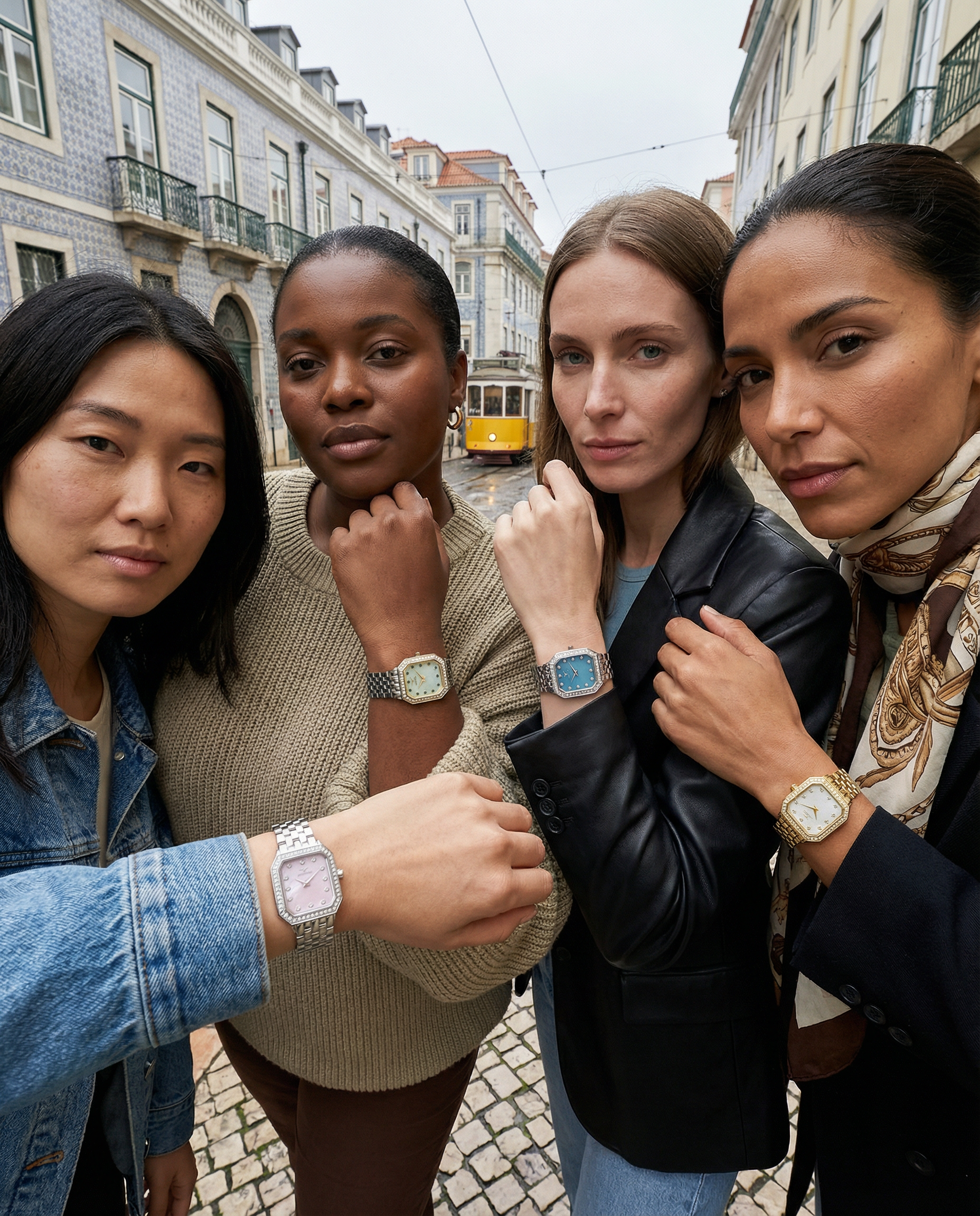 S17104L - showing the wrist in unique poses using lisbon city as a background. a group of female frends of diverse background and size. Only 1 watch per wrist but you choose between 3.png