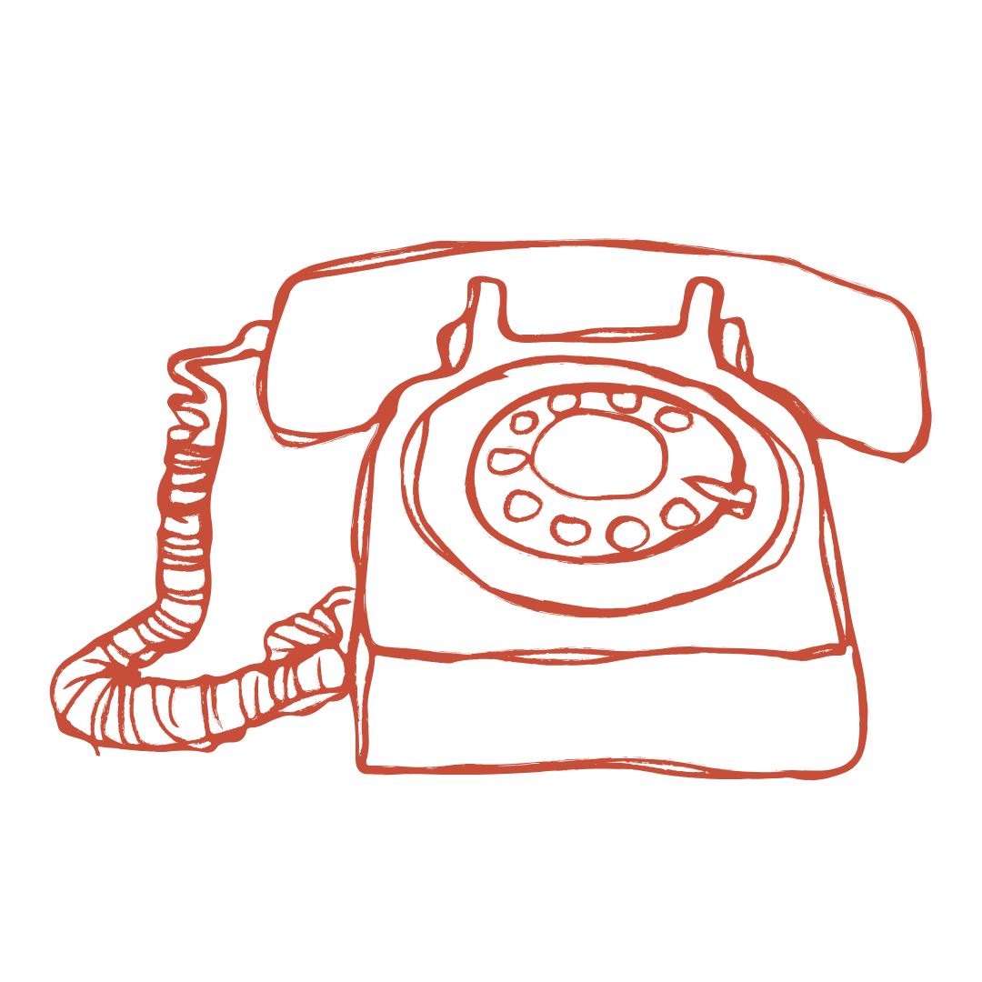 Line drawing of a vintage rotary telephone in red on a black background.