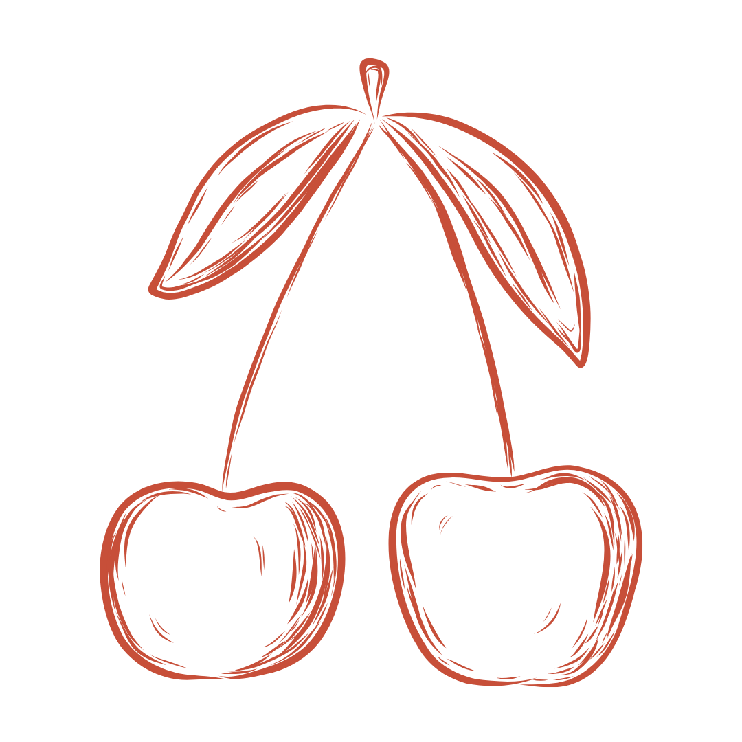 Line drawing of two cherries connected to a stem with three leaves.