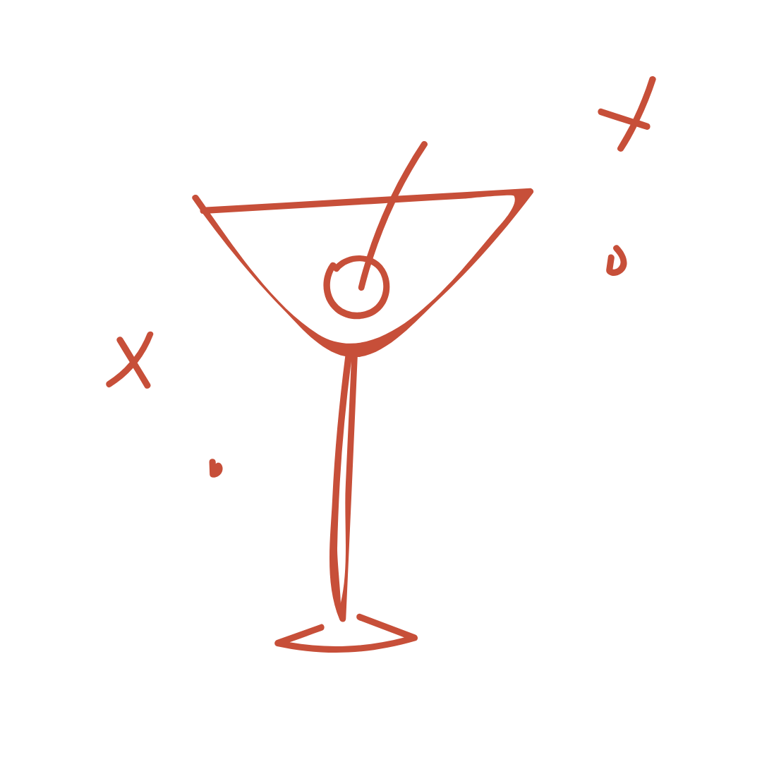A simple line drawing of a martini glass with an olive on a toothpick, surrounded by scattered X and O marks, indicating a playful or game-like theme.