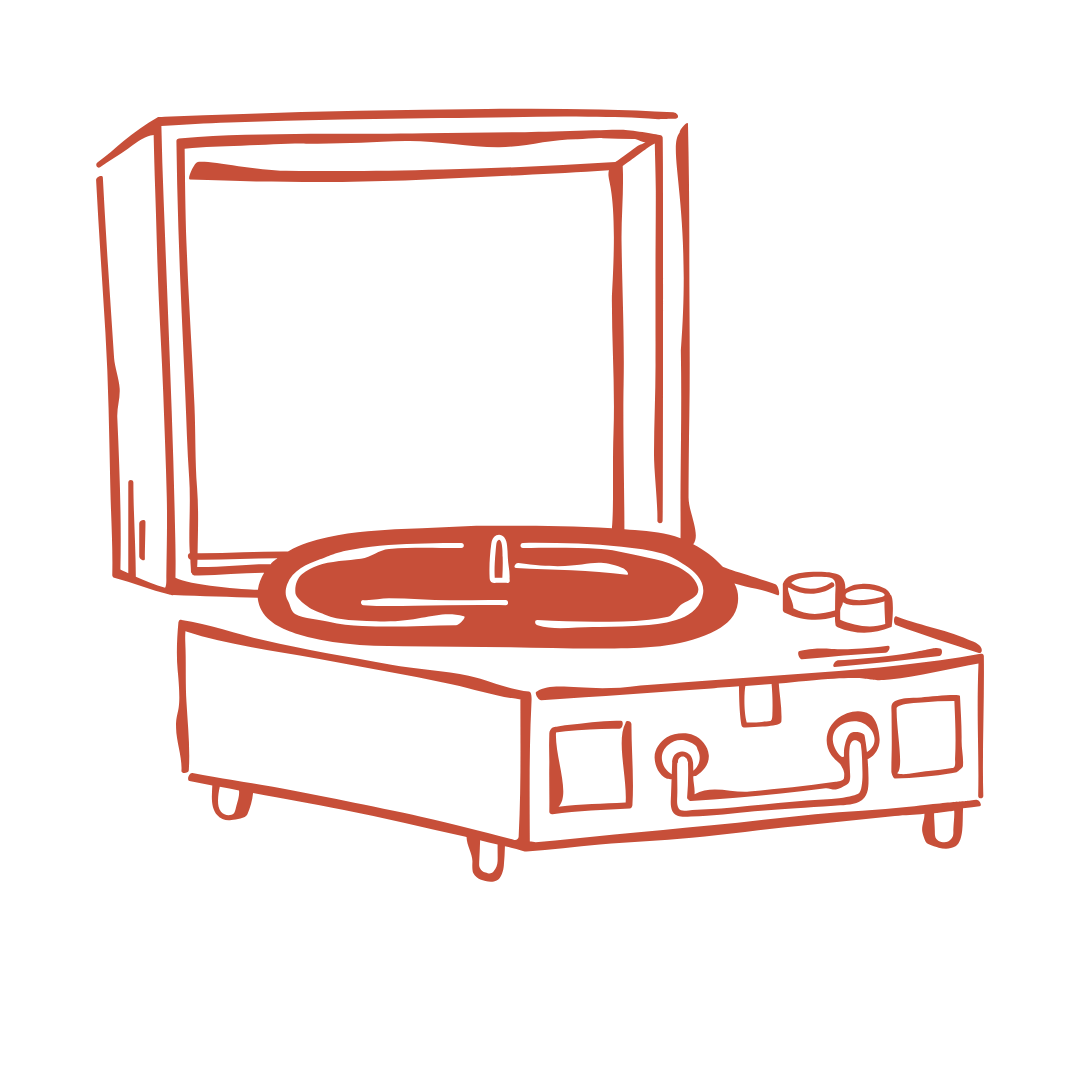 Line drawing of a vintage portable record player with a turntable and a lid, in brown outline on a black background.