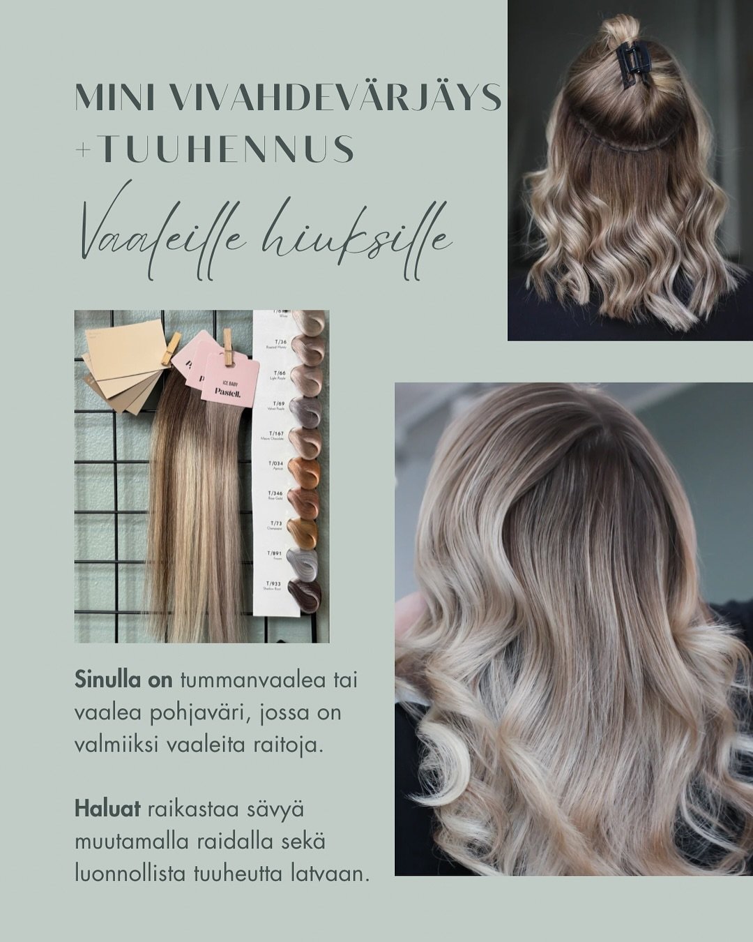 NYT NE ON VARATTAVISSA! 💥

N&auml;ihin paketteihin on sis&auml;llytetty v&auml;rin kevyt freesaus, hiusten tuuhennus yhdell&auml; paketilla Pastell. Genius Light Weft-nauhaa sek&auml; leikkaus ja muotoilu. Tehokkaana kokonaisuutena varsinaisen tuuhe
