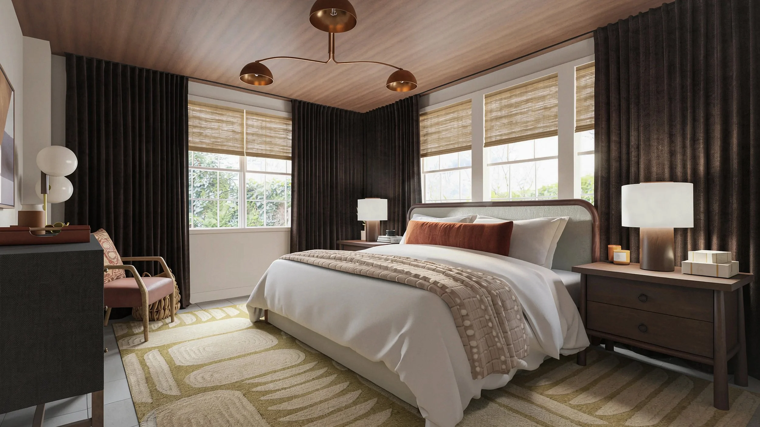 grounding velvet curtains adding depth and dimension to the space