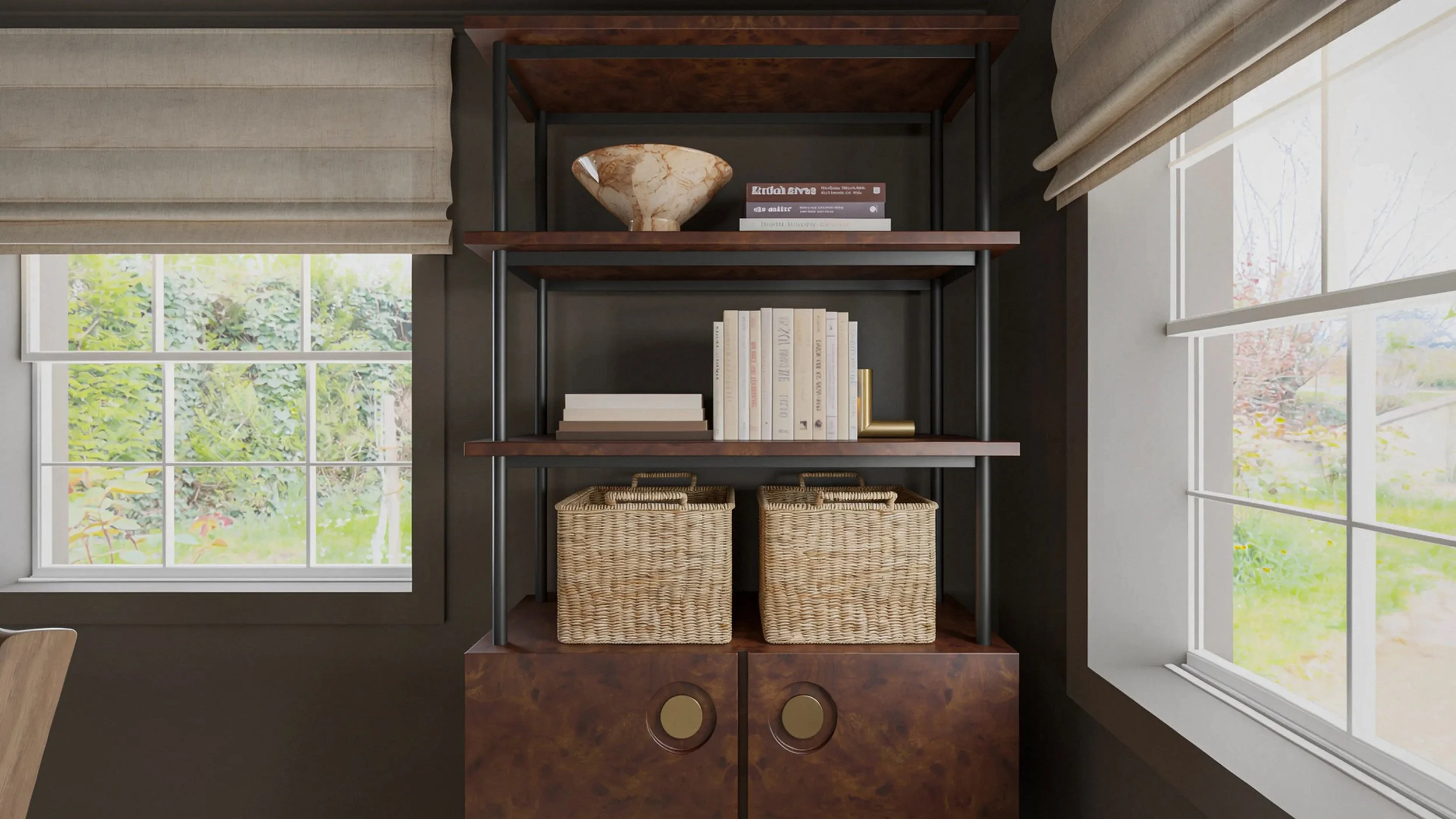 burl wood bookcase with brass knobs and linen weave roman shades