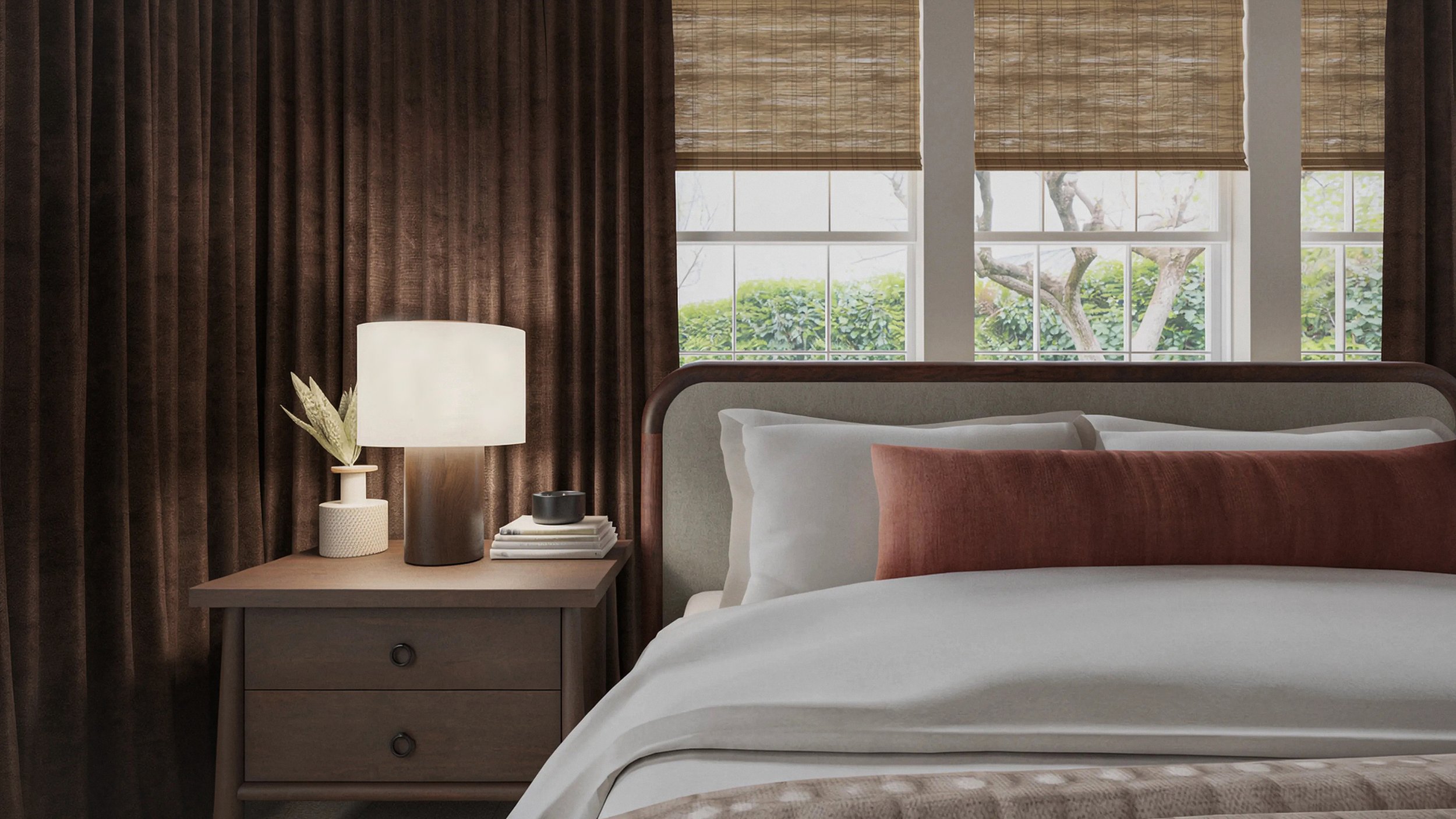 close-up showcasing oversized lumbar pillow, classic nightstands and layered window treatments