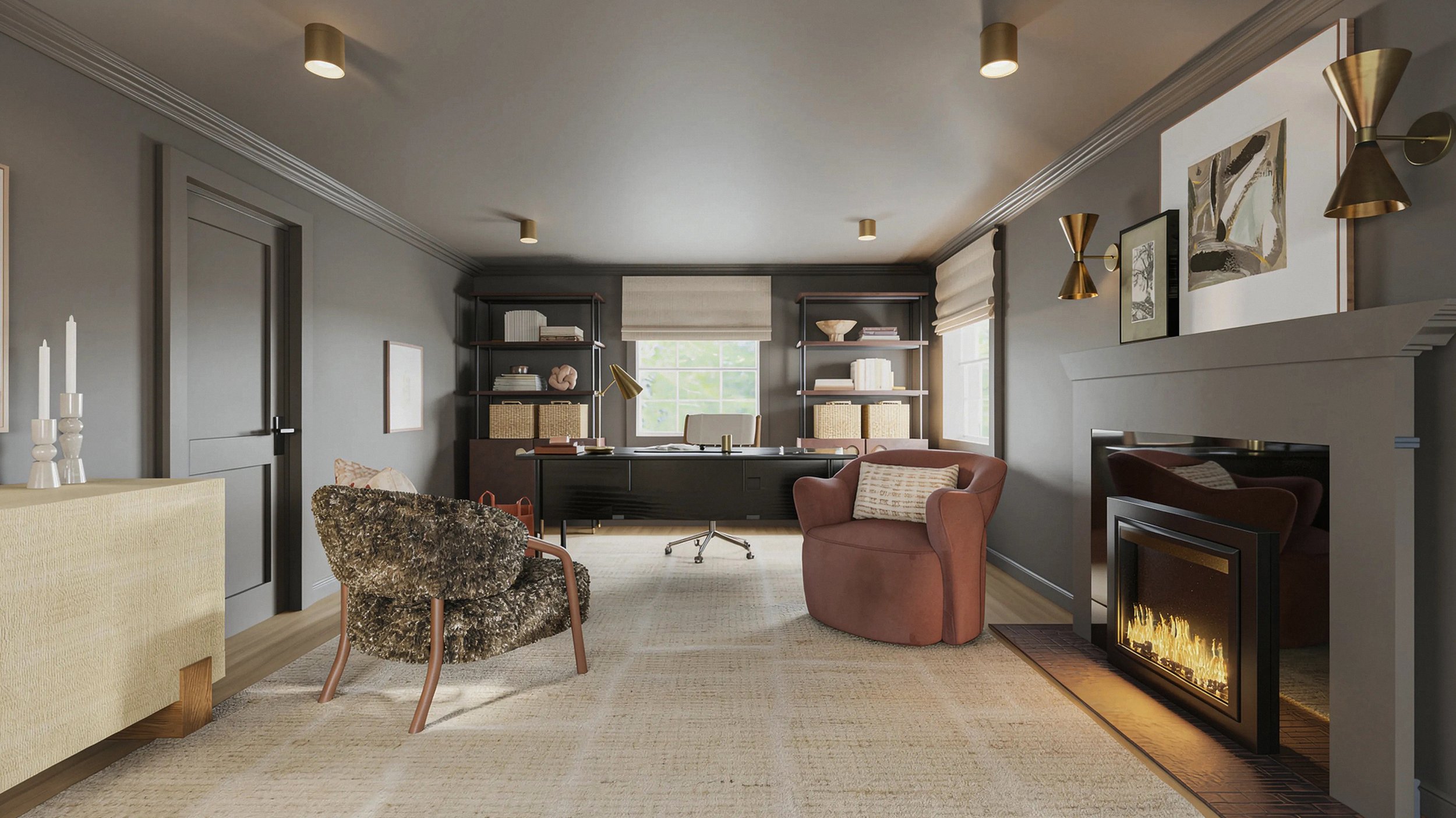 Living room with modern furniture, shelves, window, and fireplace.