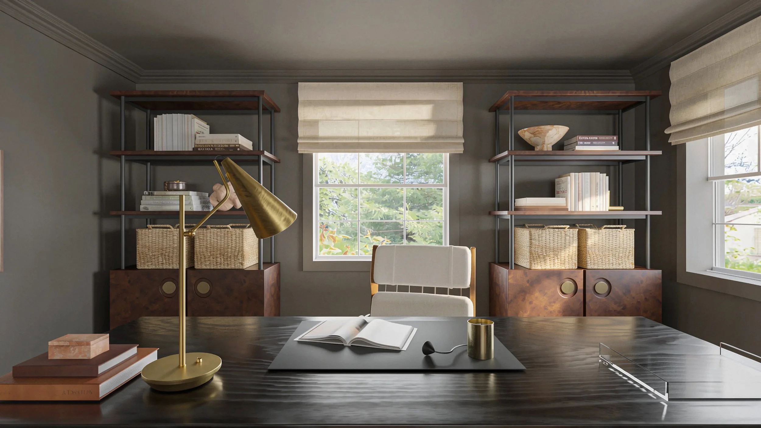 beautiful backdrop for meetings, spots for showcasing decor and functional storage