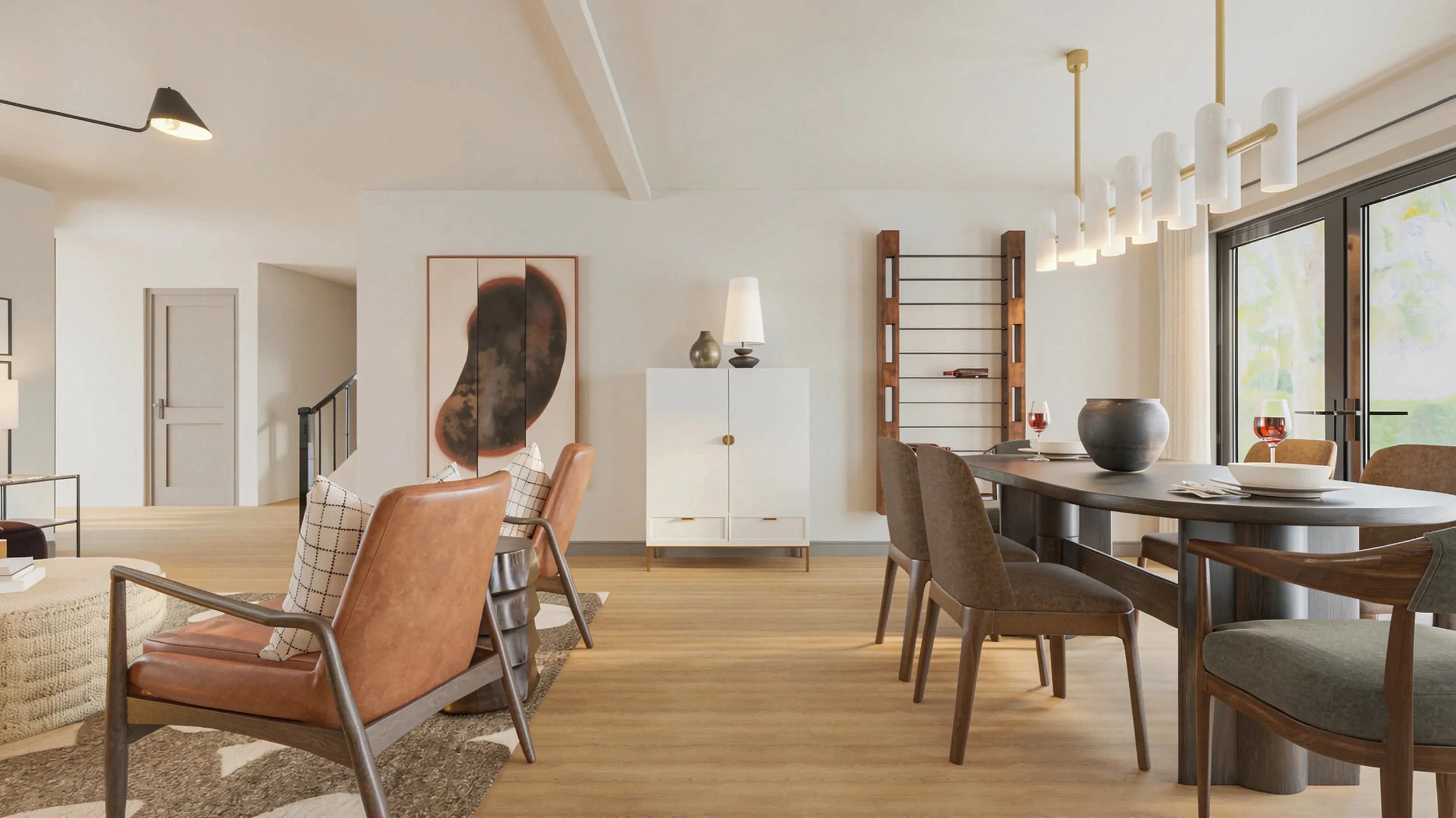 spacious wall flanking the space featuring an abstract wall art, linen-wrapped bar cabinet, and an architectural wine wall rack