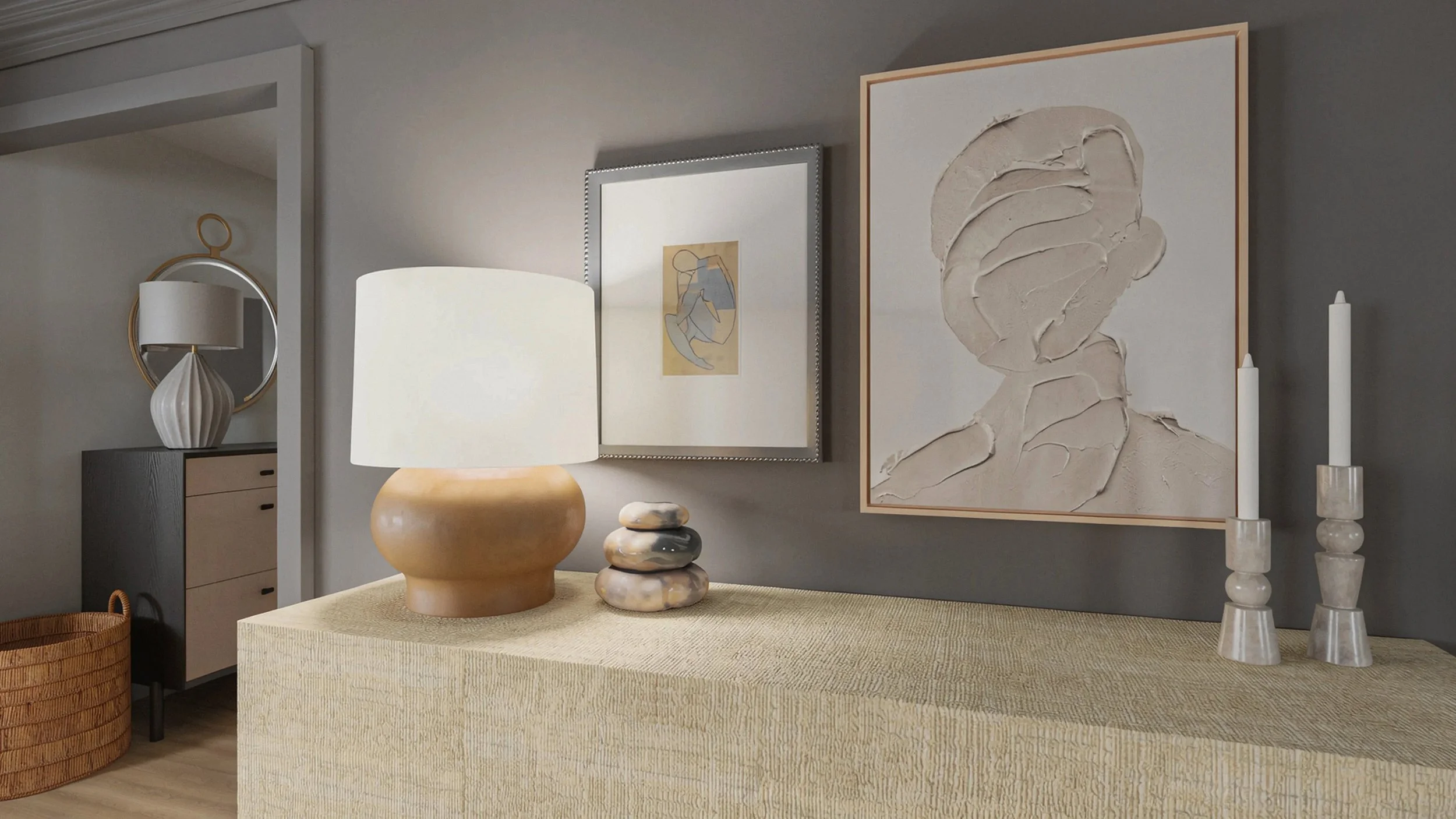 linen wrapped sideboard creating additional storage and a beautiful grounding piece for the center of the room