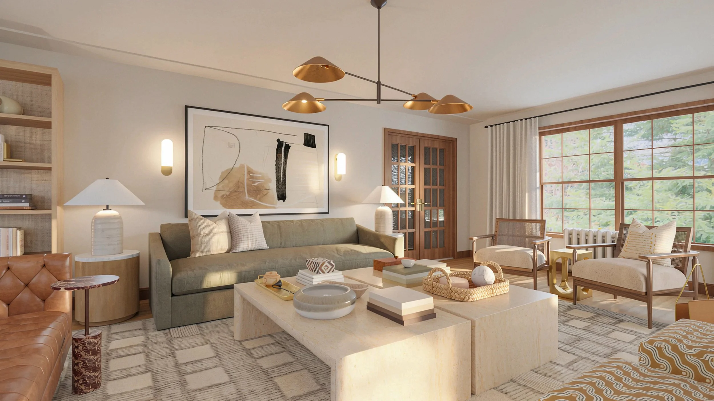 twin travertine coffee tables anchor the center space providing display space and functionality