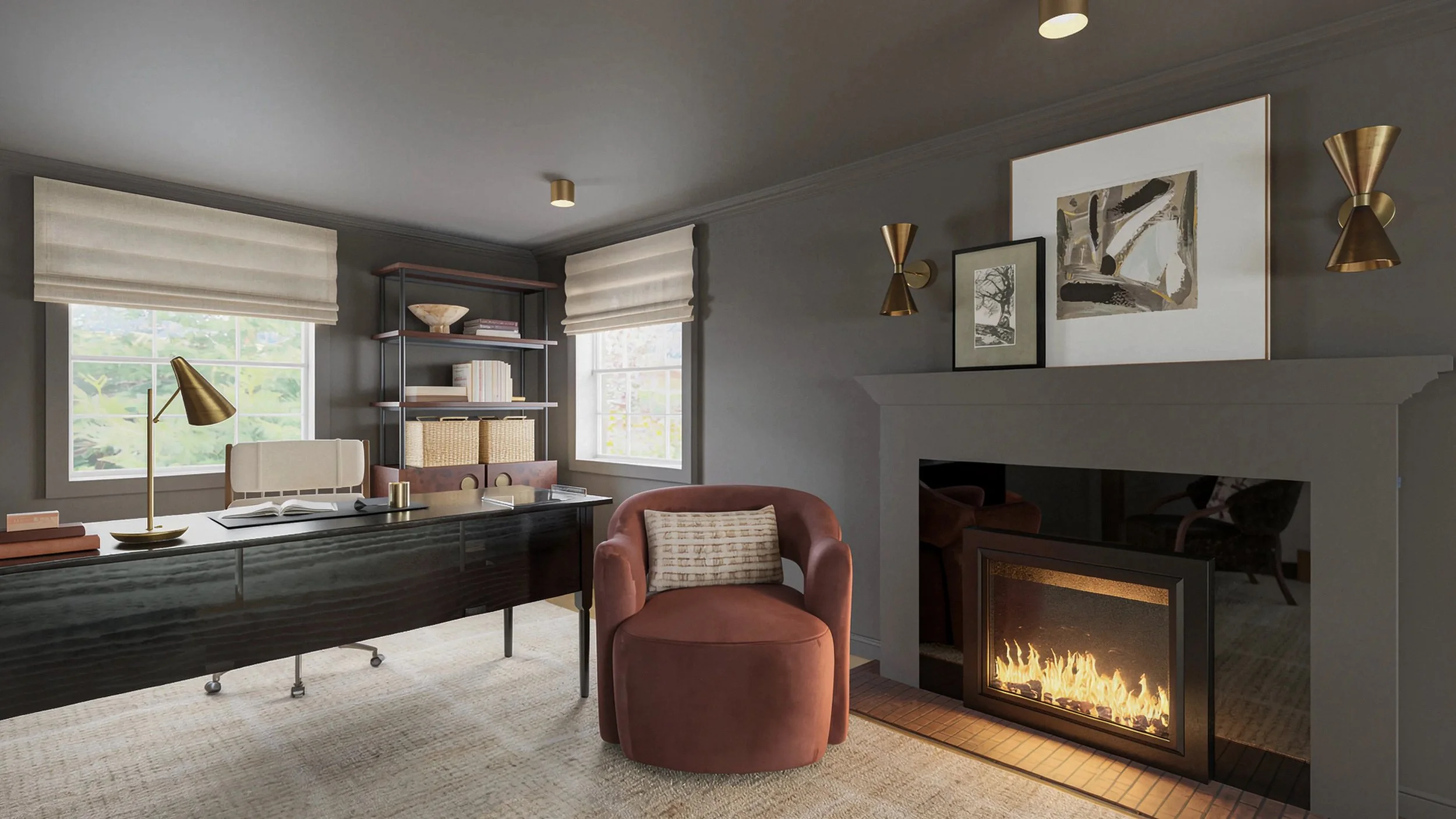 deep wine red swivel chair creating a cozy spot next to the original fireplace