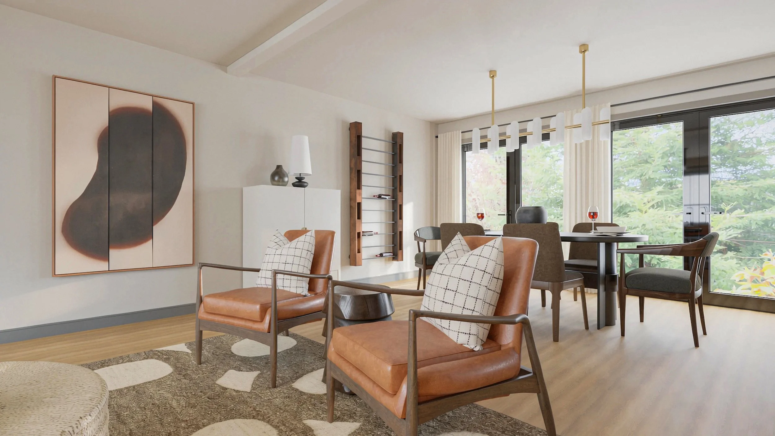 open style leather chairs lightening the space while adding conversational seating