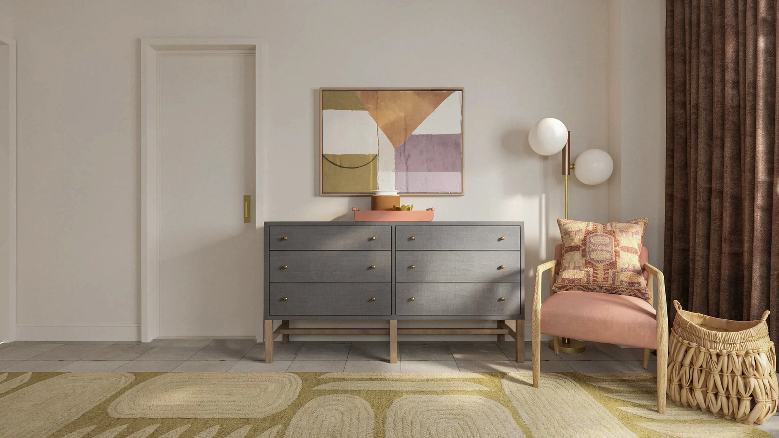 six drawer dresser paired with a mix of textural details and modern, clean lines