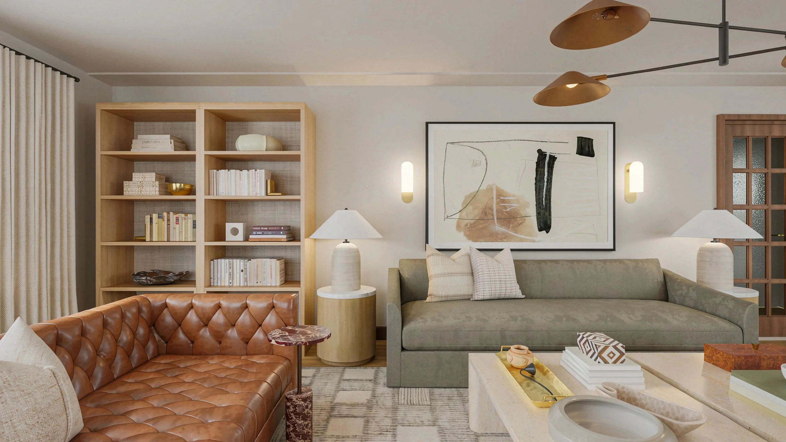 woven back bookcases line the corner of the corner of the room balanced with an oversized abstract art piece