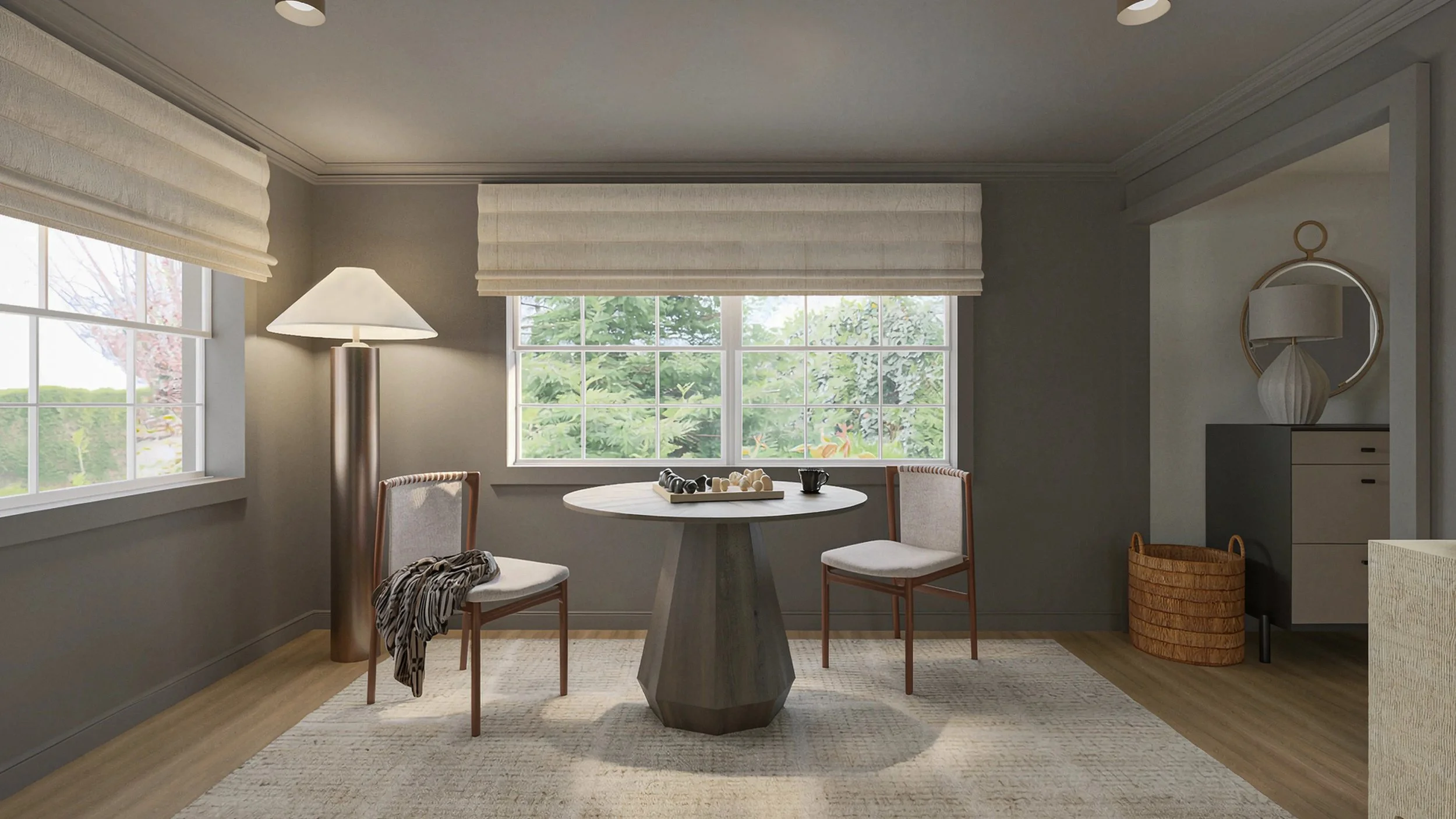 modern table and chairs at the entry point in the room to create a welcoming nature and allowing for multi-functional use