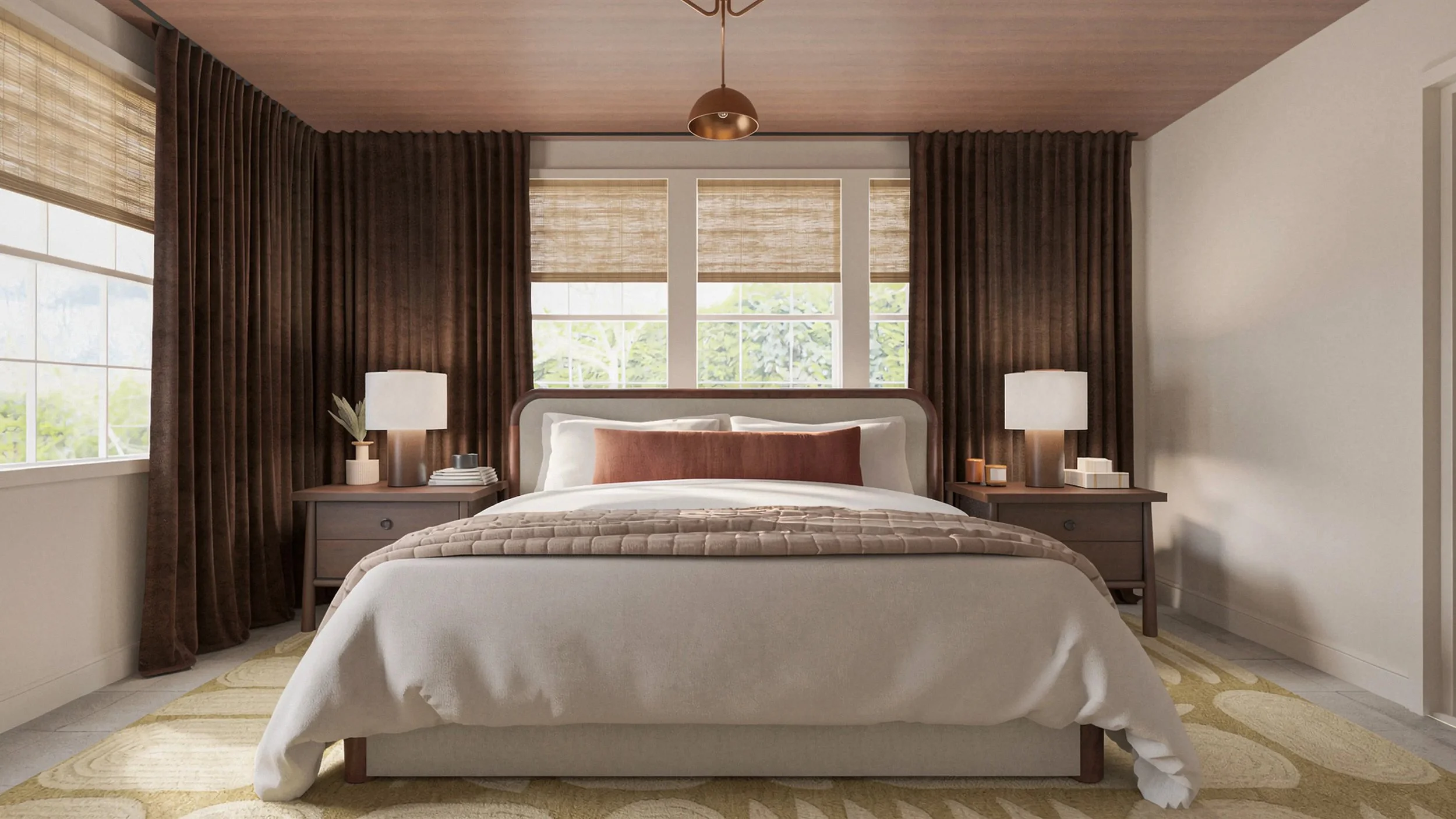 spacious king bed with fresh, layered bedding creating an effortless style that is comfortable and warm