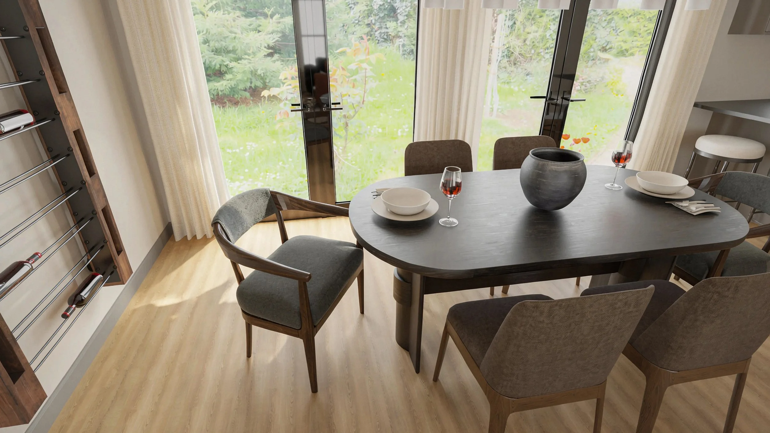 dining table featuring a black stained solid wood oval table, accent head chairs, and classic brown fabric side chairs with a view extending to the outdoors