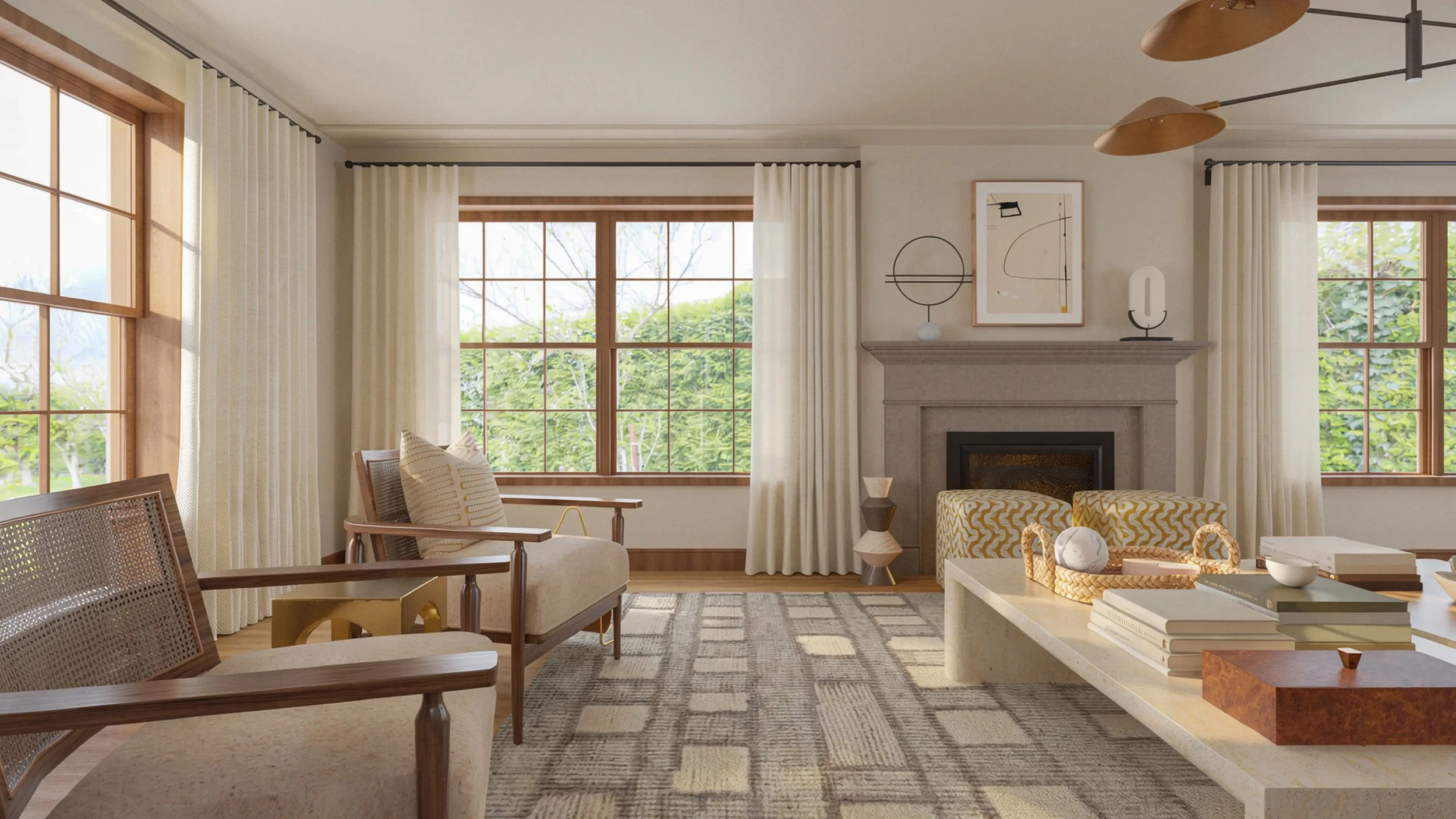 cane backed chairs welcome the space leading into the original stone fireplace