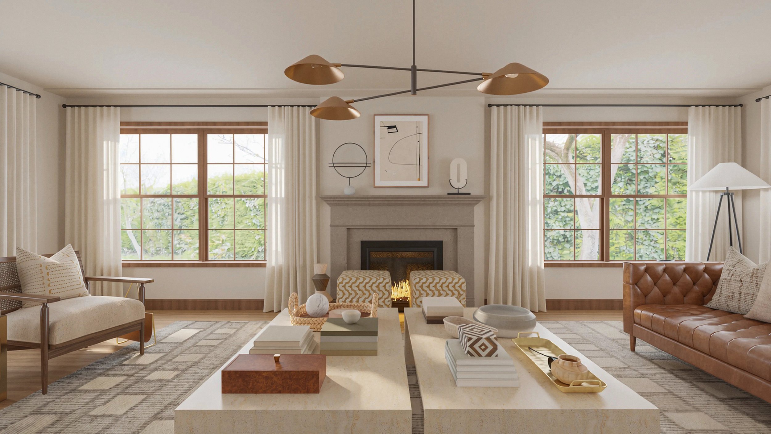 matching ottomans soften the fireplace and create symmetry with the travertine coffee tables