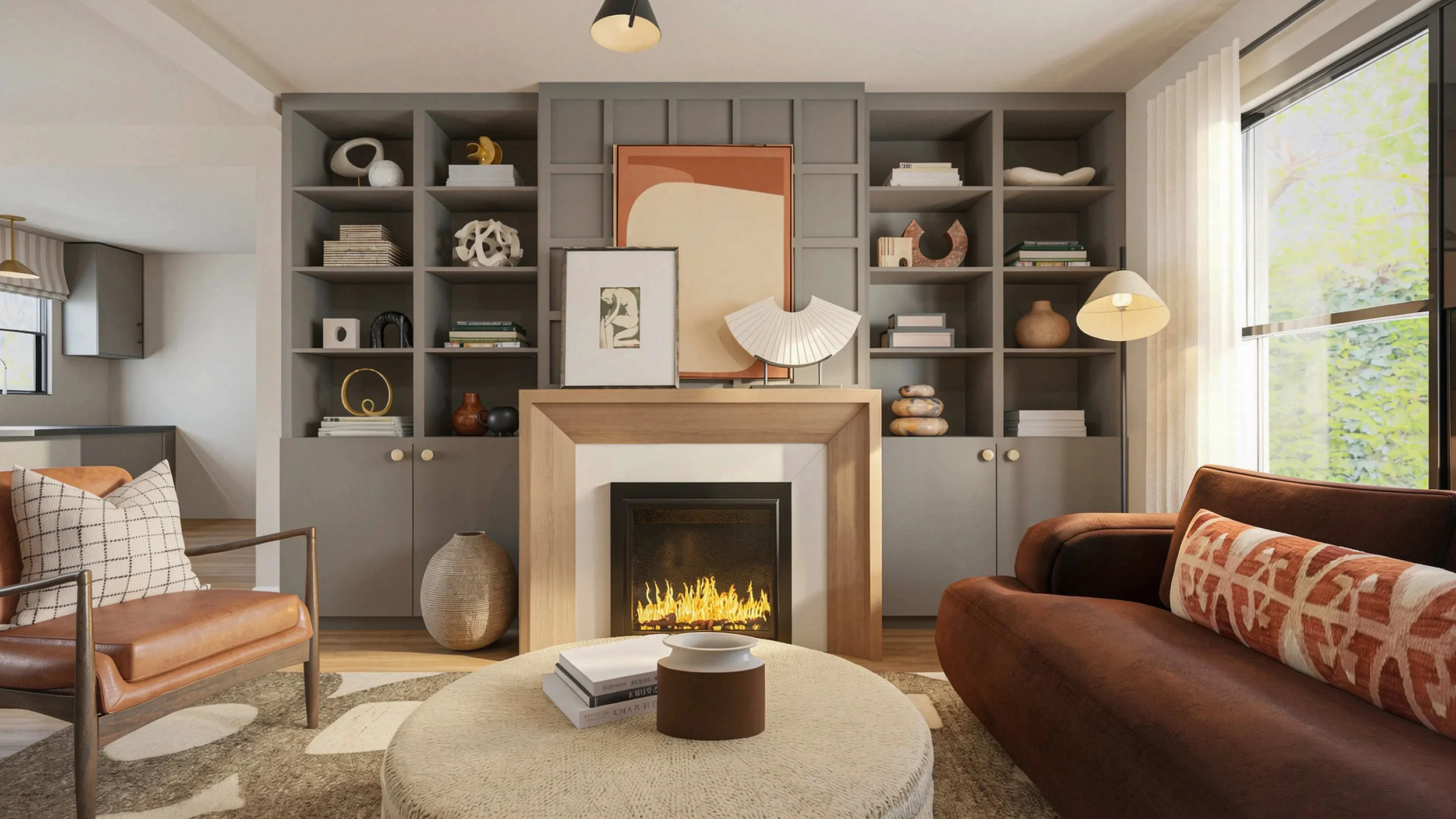 grounding fireplace featuring decor and artwork creating a collected feel