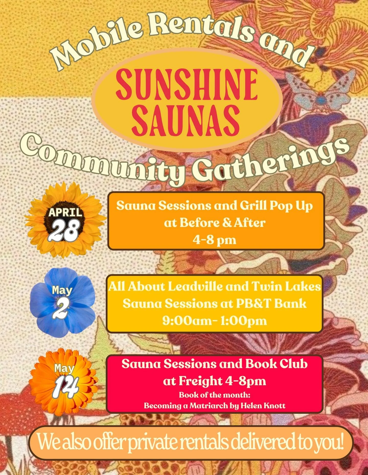 Here&rsquo;s where you can chase some 🌞 and catch us over the next couple weeks. Come hang with us at Turquoise lake tomorrow for Soup and Sauna and a mass cold plunge in the lake. Next week @beforeandafterleadville for a grill pop up on the back de