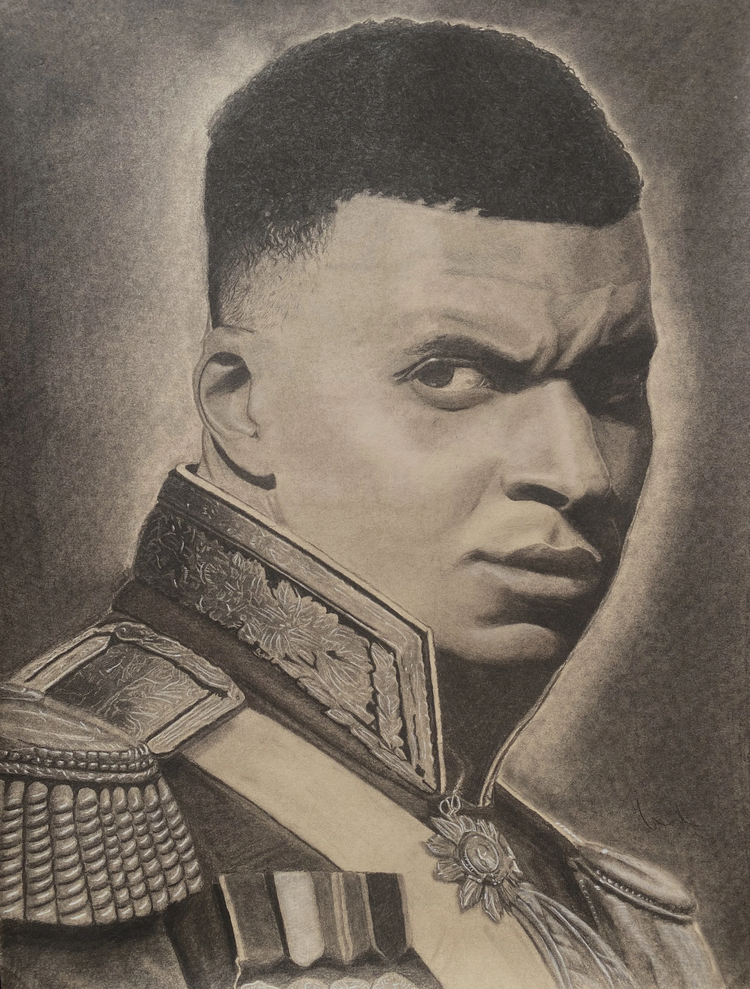 The Emperor, 2026, Charcoal on tan paper, 24 x 18 in