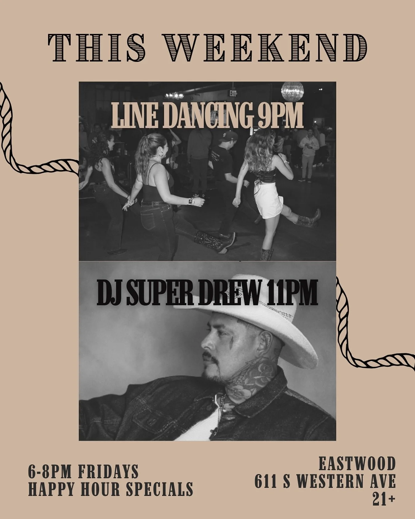 THIS WEEKEND&rsquo;S LOOKIN&rsquo; COUNTRY 🤠
Line dancing lessons with an instructor kick off at 9PM
DJ @superdreww takes over at 11PM!

Don&rsquo;t forget about our happy hour specials on Fridays from 6&ndash;8PM 🍻