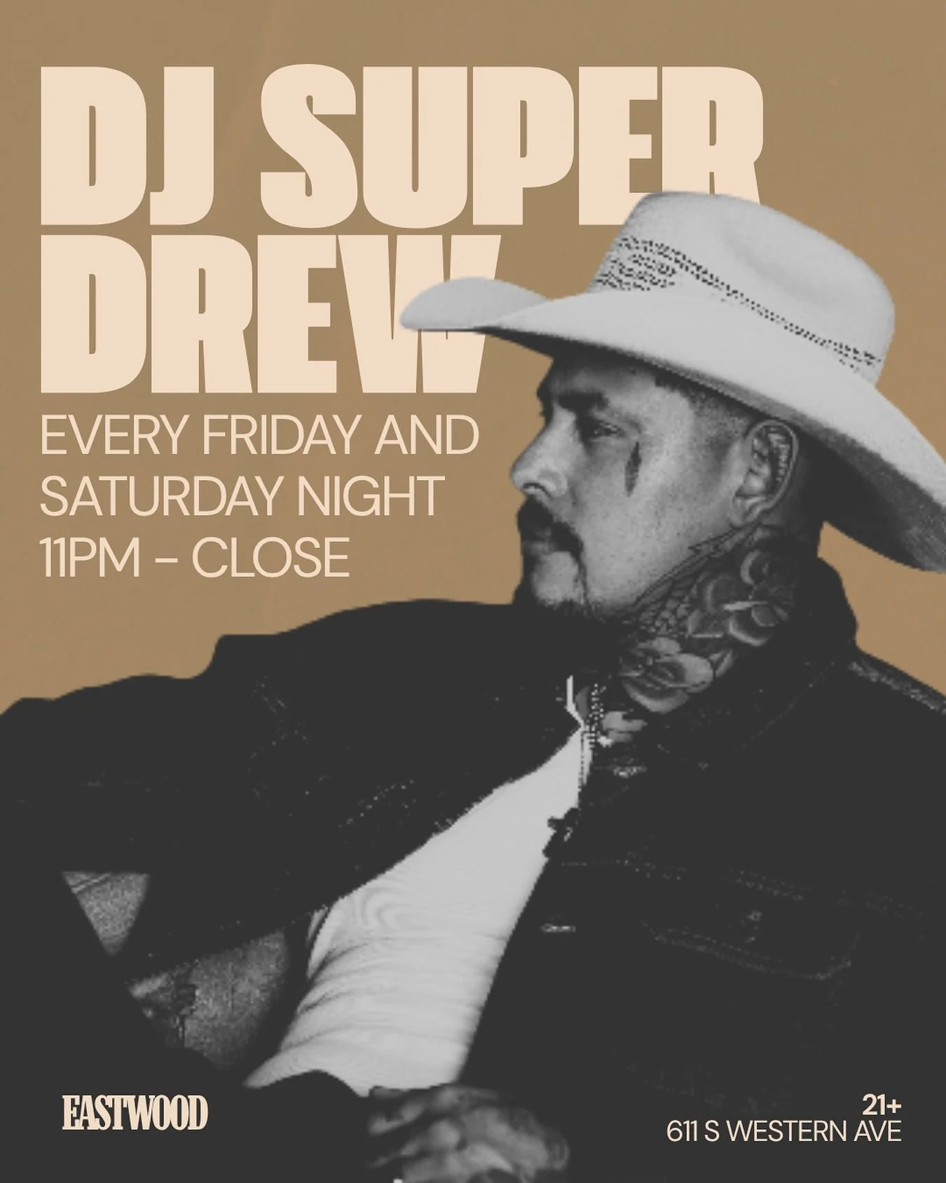 FRIDAY + SATURDAY NIGHTS BELONG TO DJ SUPER DREW. 🤠

11PM&ndash;CLOSE bring your crew, grab a drink, and let&rsquo;s ride. 🍻

📍Eastwood | 611 S Western Ave | 21+