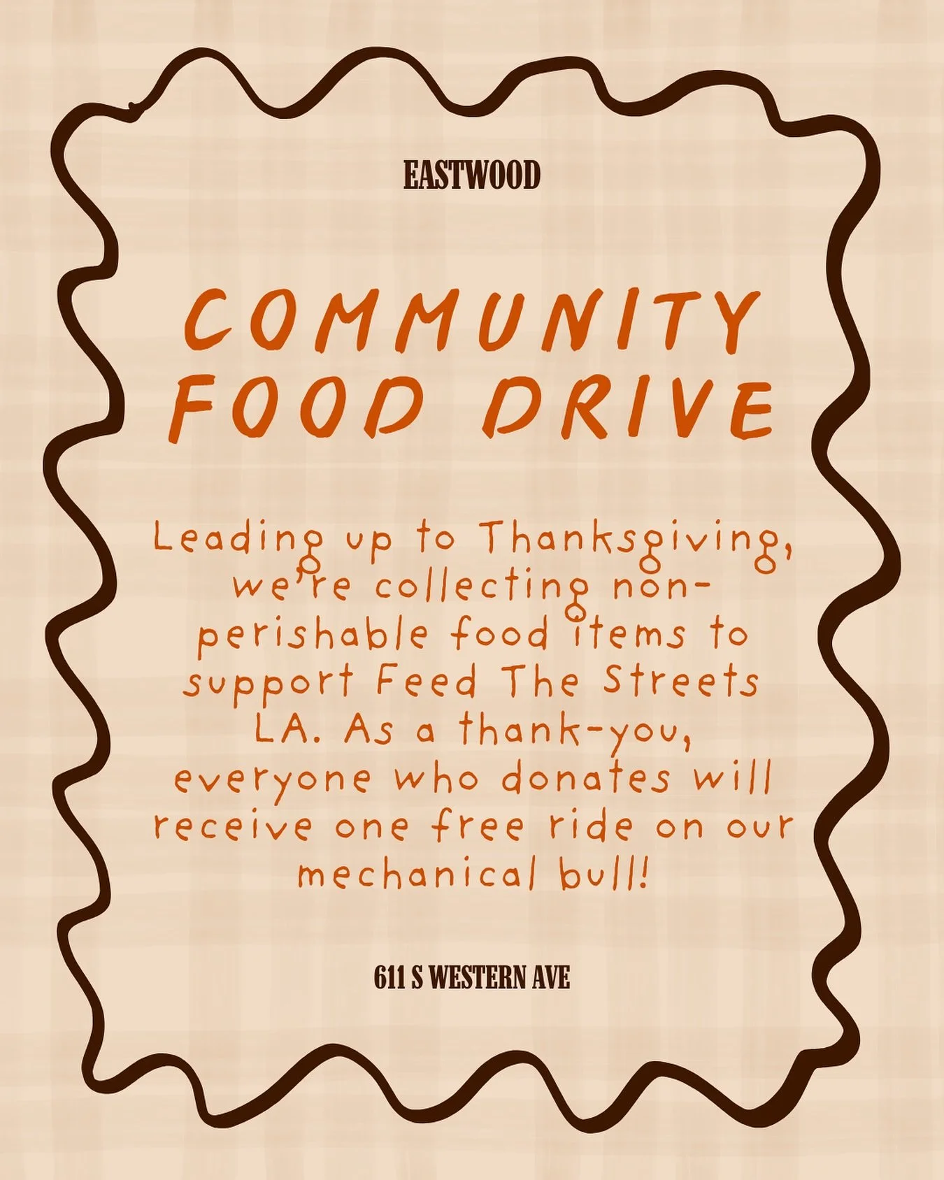 FEED THE STREETS, THEN RIDE GUCCI 🤠

Drop off non-perishable food items to support @feedthestreets_la and earn one free bull ride as our thank-you. 

Last day for collections is Saturday, Nov 22!