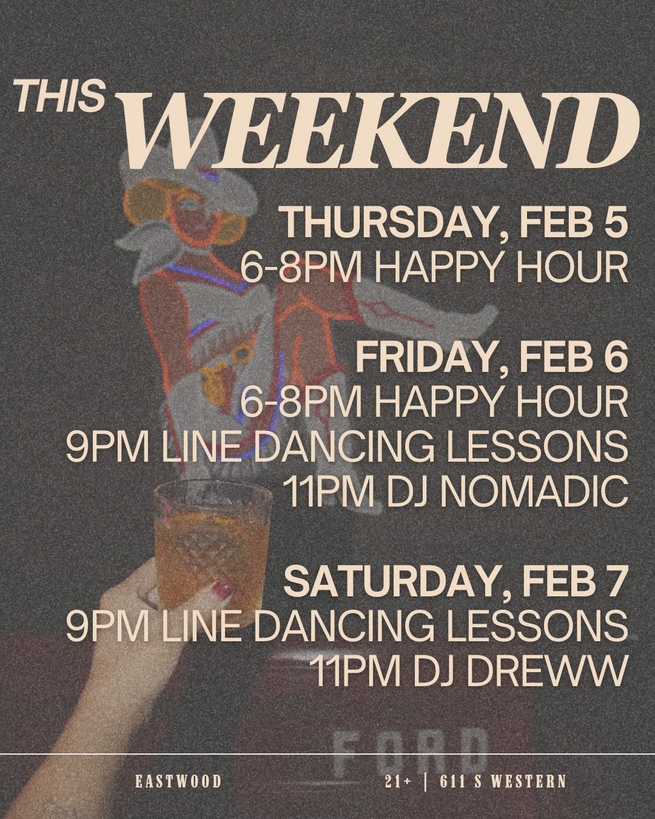 THE WEEKEND STARTS TONIGHT 🤠

Thursday
🍻6-8pm Happy Hour

Friday
👢9pm Line Dancing Lessons
🎧 11pm DJ @nmdcsoul 

Saturday
👢9pm Line Dancing Lessons
🎧 11pm DJ @officialdreww