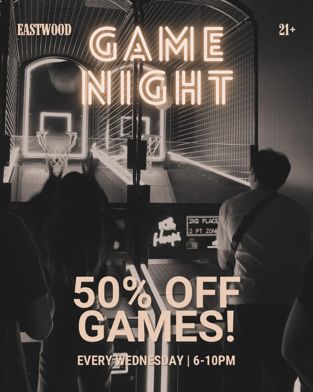 HOOPS, HIGH SCORES, AND HALF-PRICED GAMES. 🏀

Bring your A-game every Wednesday 6&ndash;10PM!

We also have happy hour special all night so winner buys the next round? 🍻