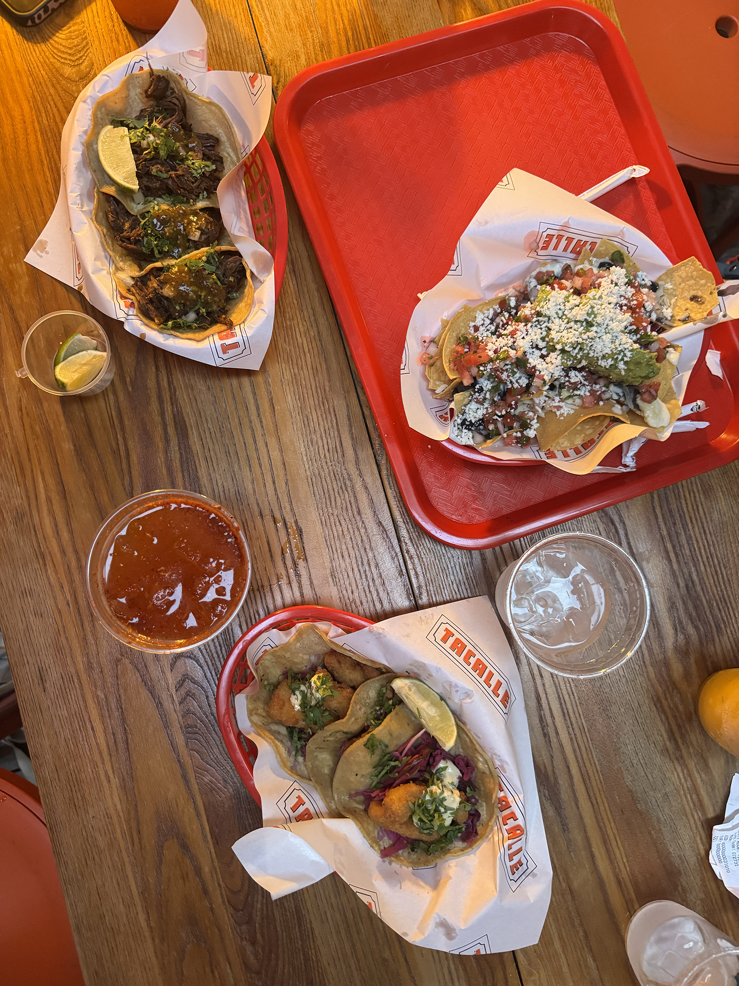  Overhead shot of the food and cocktails. 
