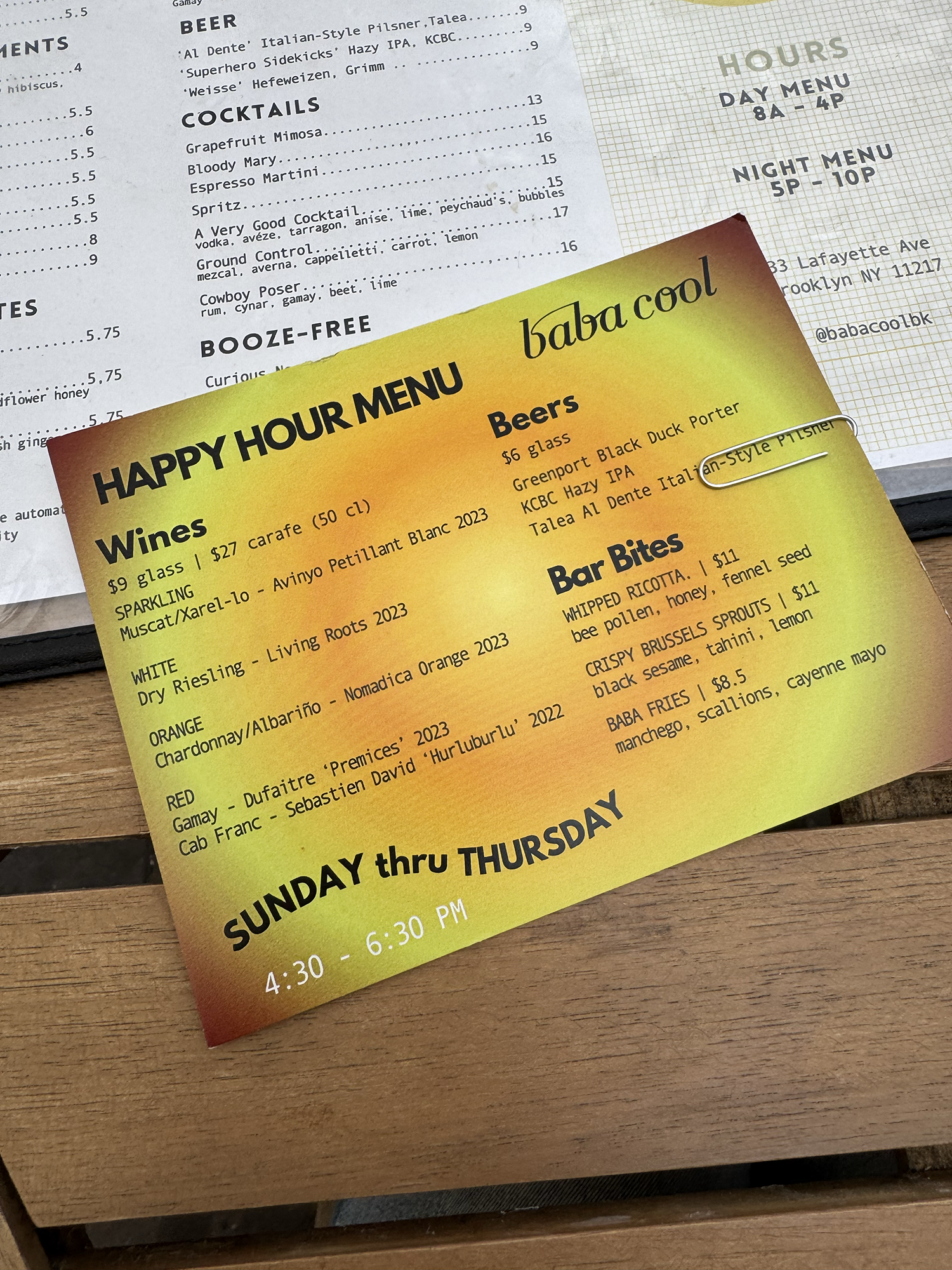  The Happy Hour Menu featuring wines, beers, and bar bites. Sunday-Thursday 4:30-6:30pm 