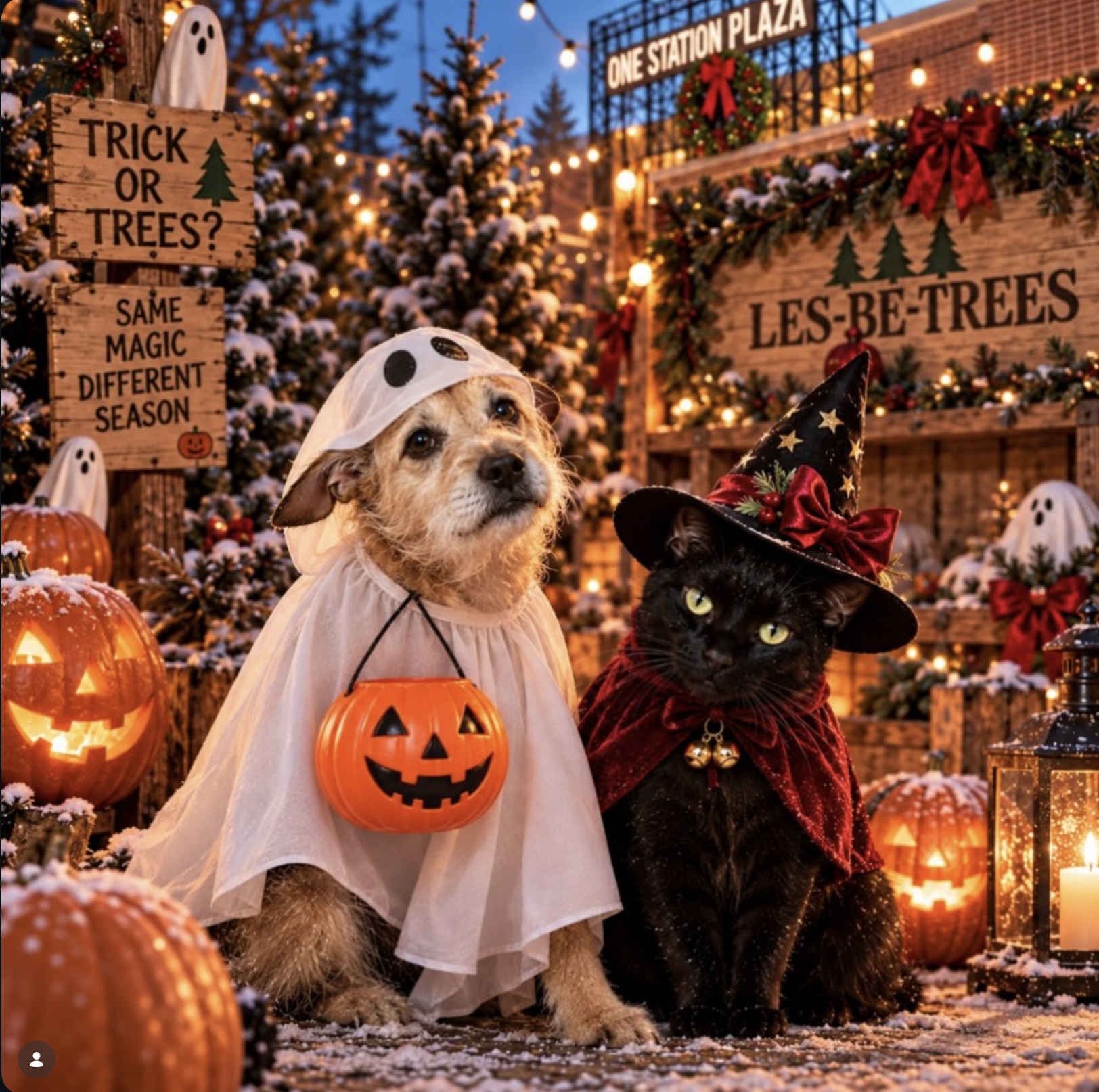 Trick of Trees Image of a Dog & Cat in a costume