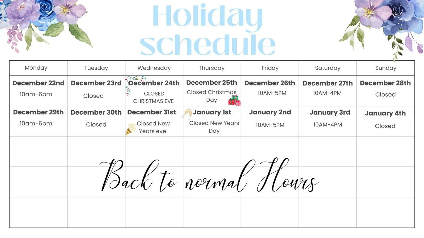 ✨ Holiday Hours ✨
Please note our adjusted schedule for Christmas Day, New Year&rsquo;s Eve, and New Year&rsquo;s Day. We wish you a joyful holiday season and can&rsquo;t wait to help our brides ring in the new year! 🤍