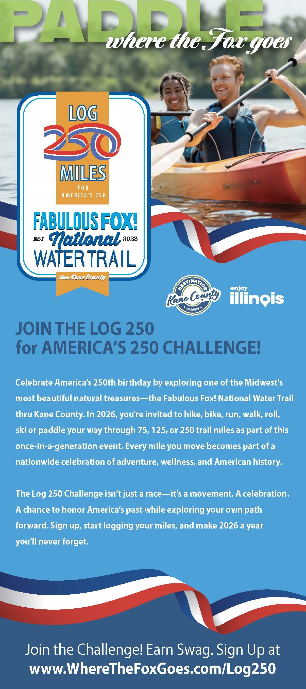 Log 250 for America's 250 on the Fabulous Fox! National Water Trail thru Kane County
