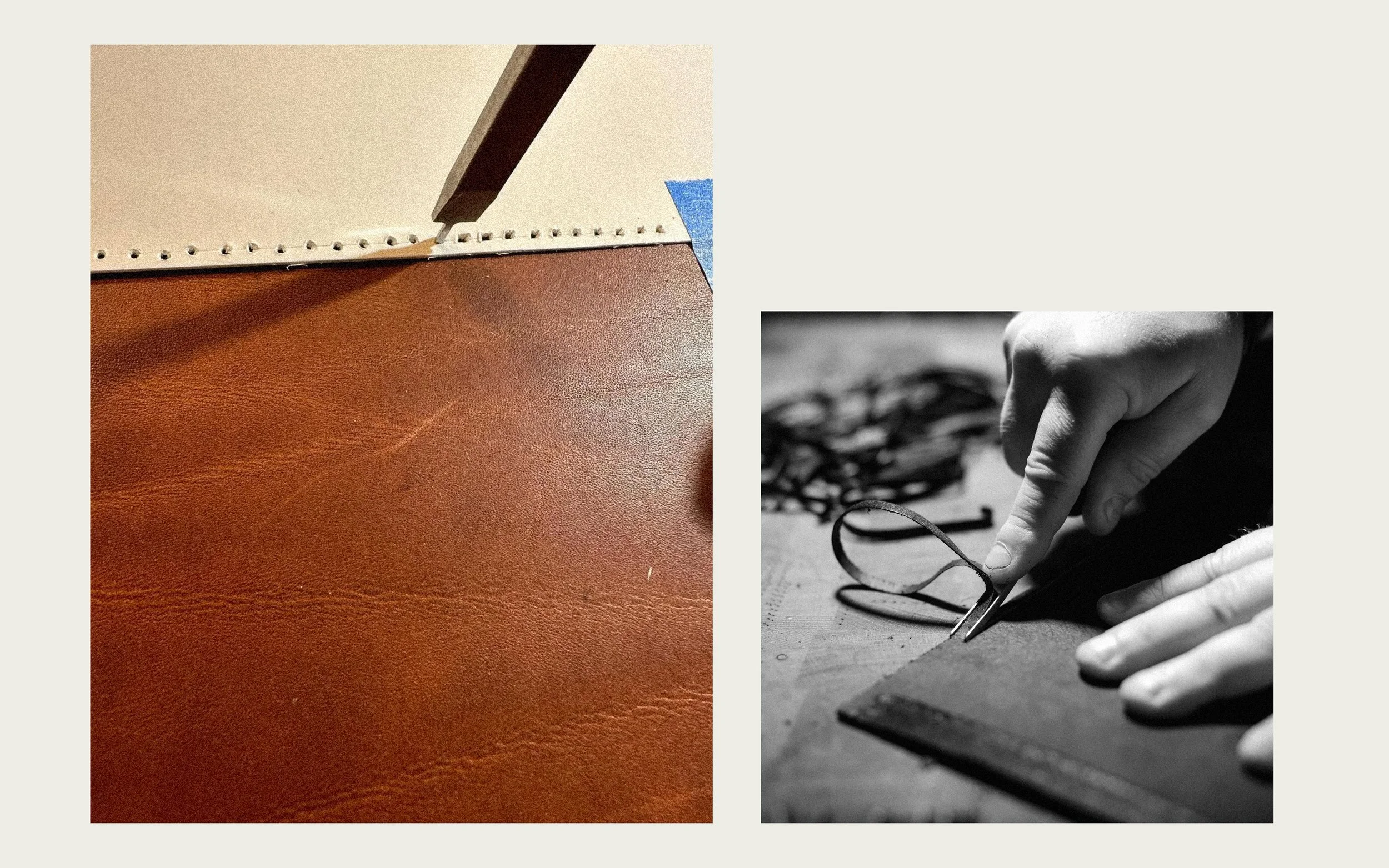 Markus Richtmann working in his studio with leather material and bags