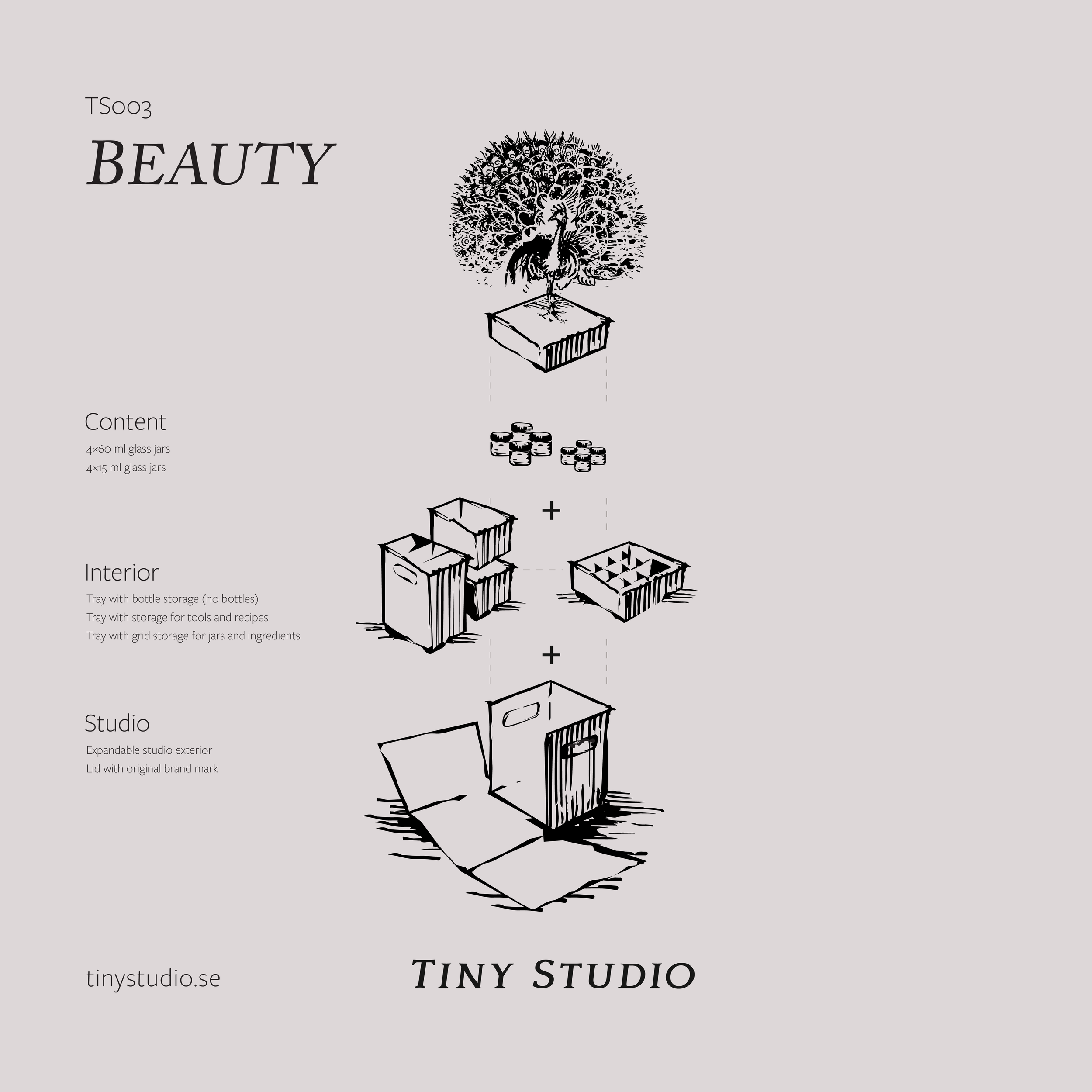 Tiny Studio storage system for DIY organic beauty making. This is the content, storage units, trays and jars.