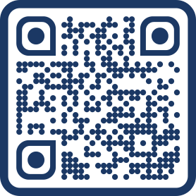 A QR code with a blue outline and blue data patterns on a white background.