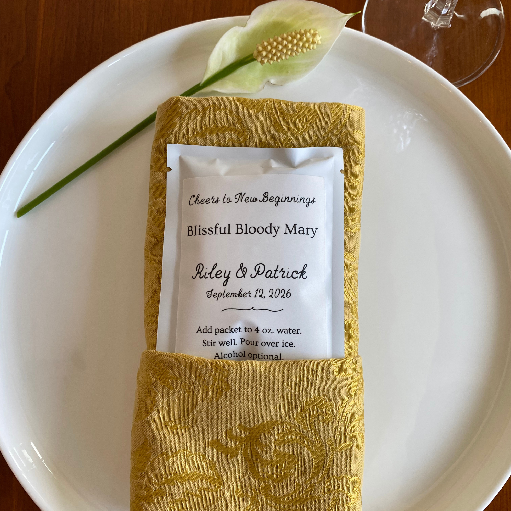  Personalized cocktail favor displayed at a Maine wedding reception place setting. 