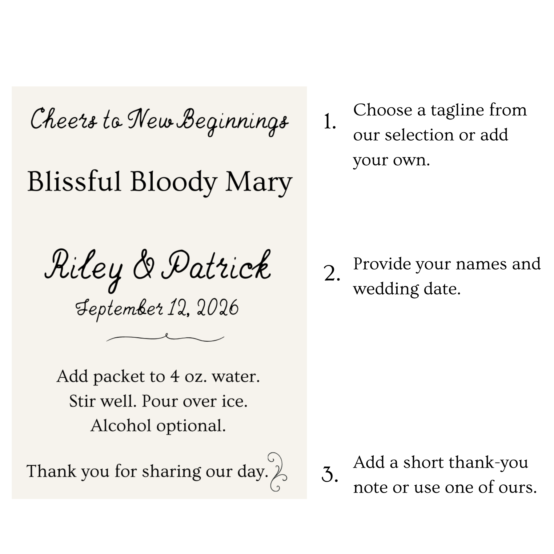 Signature cocktail mix packet for a wedding that is customized with a description of the bloody mary mix, wedding names and date and a thank you greeting and a toast to the couple.