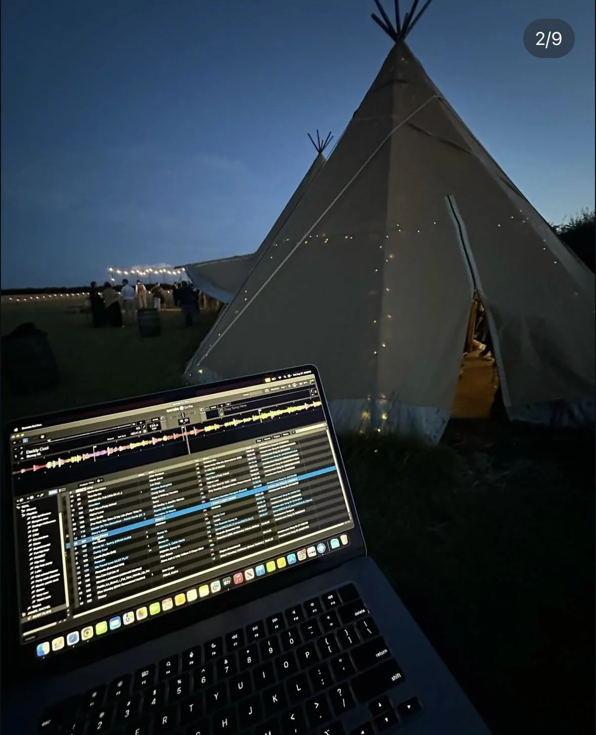 Getting ready to play just outside of London in a field for wedding guests.