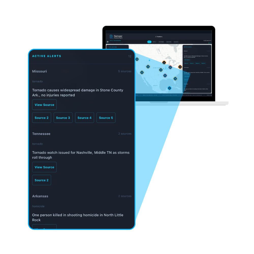 The Semper Incolumem Intelligence Platform displaying the threat map with a zoom in to integrated alerts.